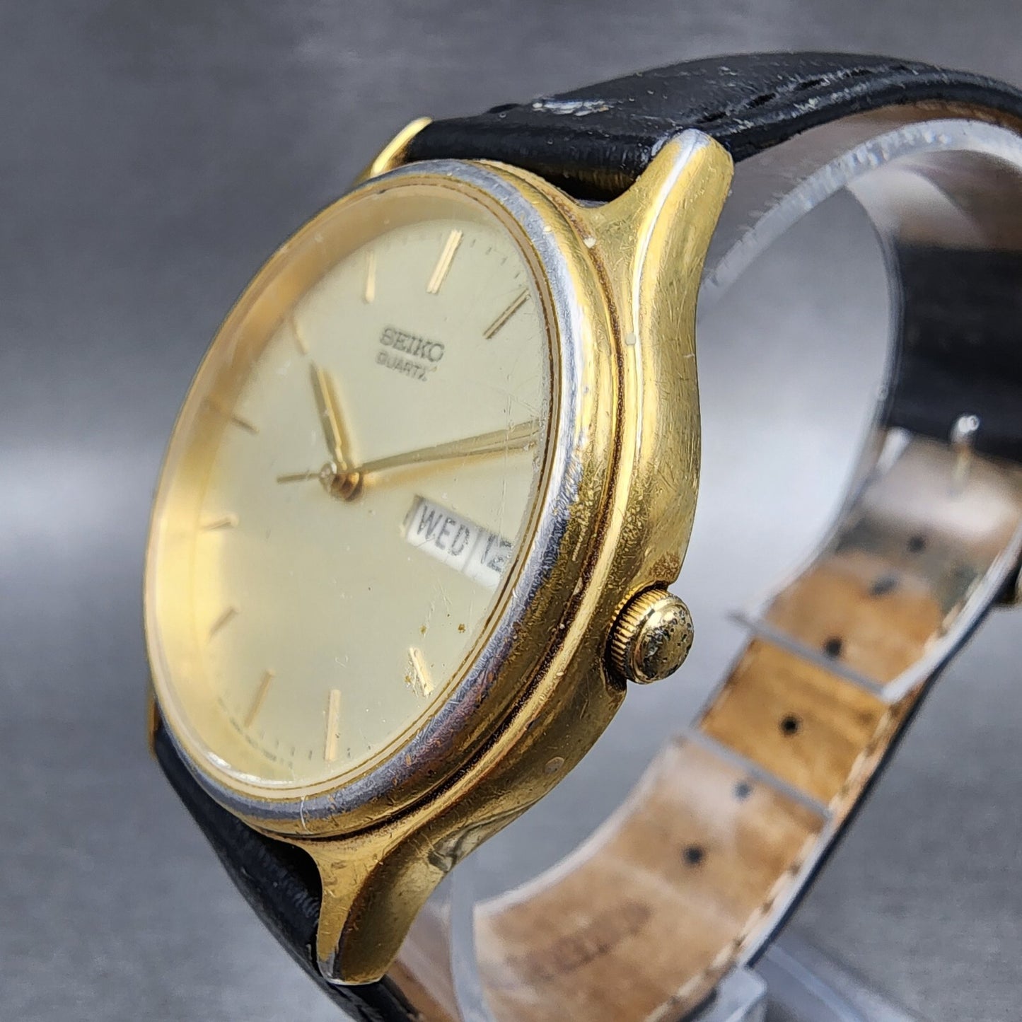 Seiko Watch Men 34mm Champagne Dial Gold Tone Daydate 7n43-7b00 New Battery