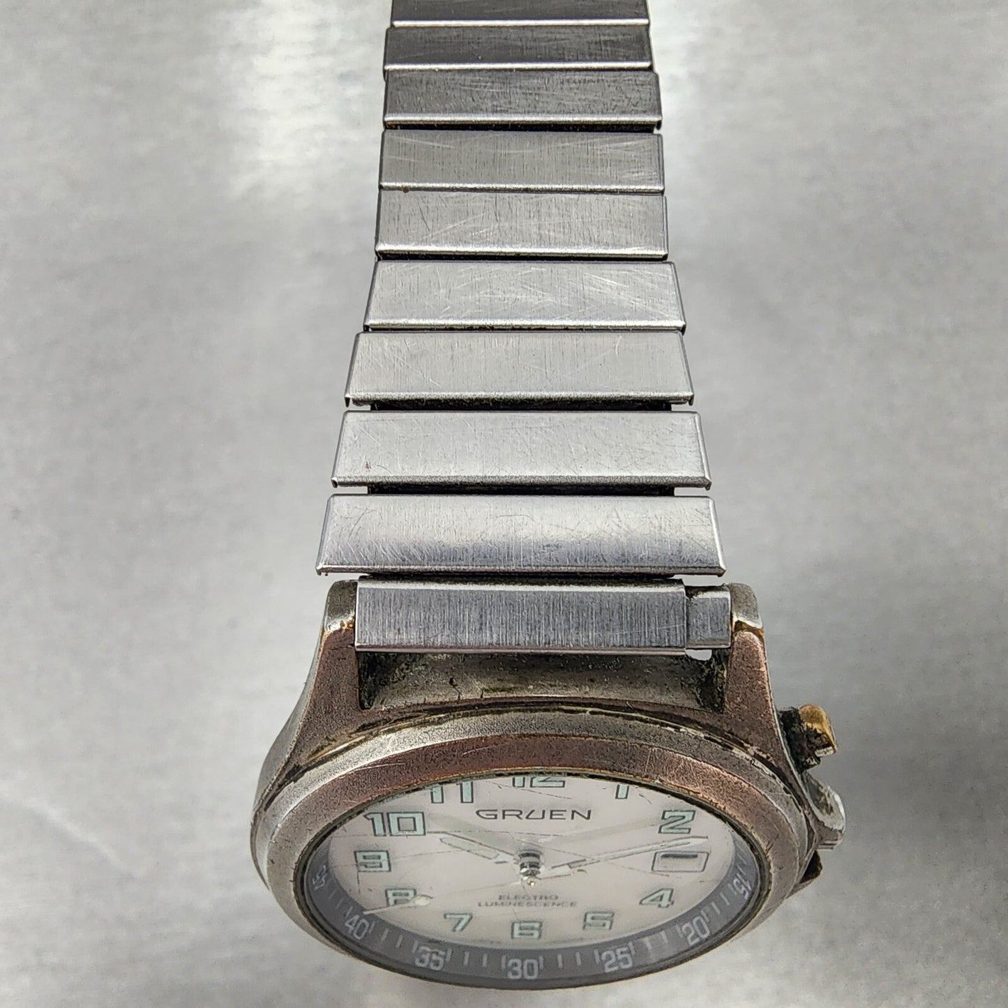 Gruen Watch Men 35mm White Dial Gray Tone Date backlight Round New Battery