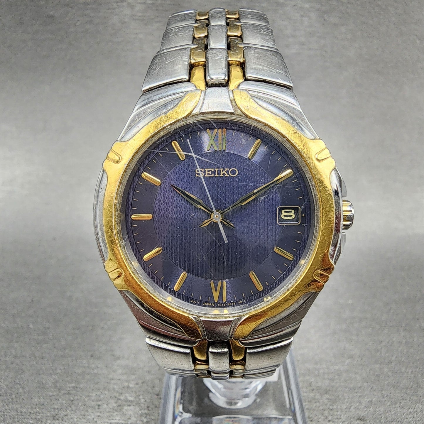 Seiko Watch Men 37mm Blue Dial Two Tone Date Round 7N42-6C10 New Battery A12