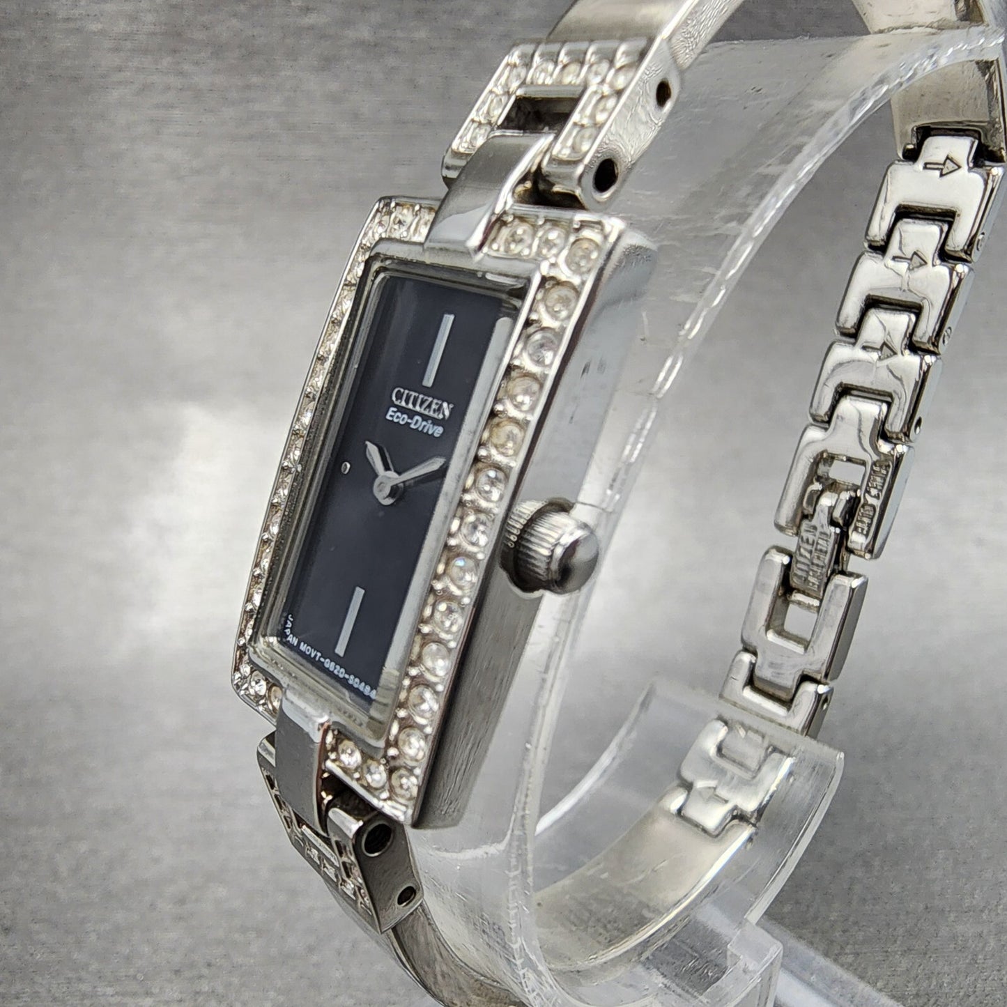 Citizen Eco-Drive Tank Watch Women 14mm Black Dial Steel Rectangle Crystals Runs