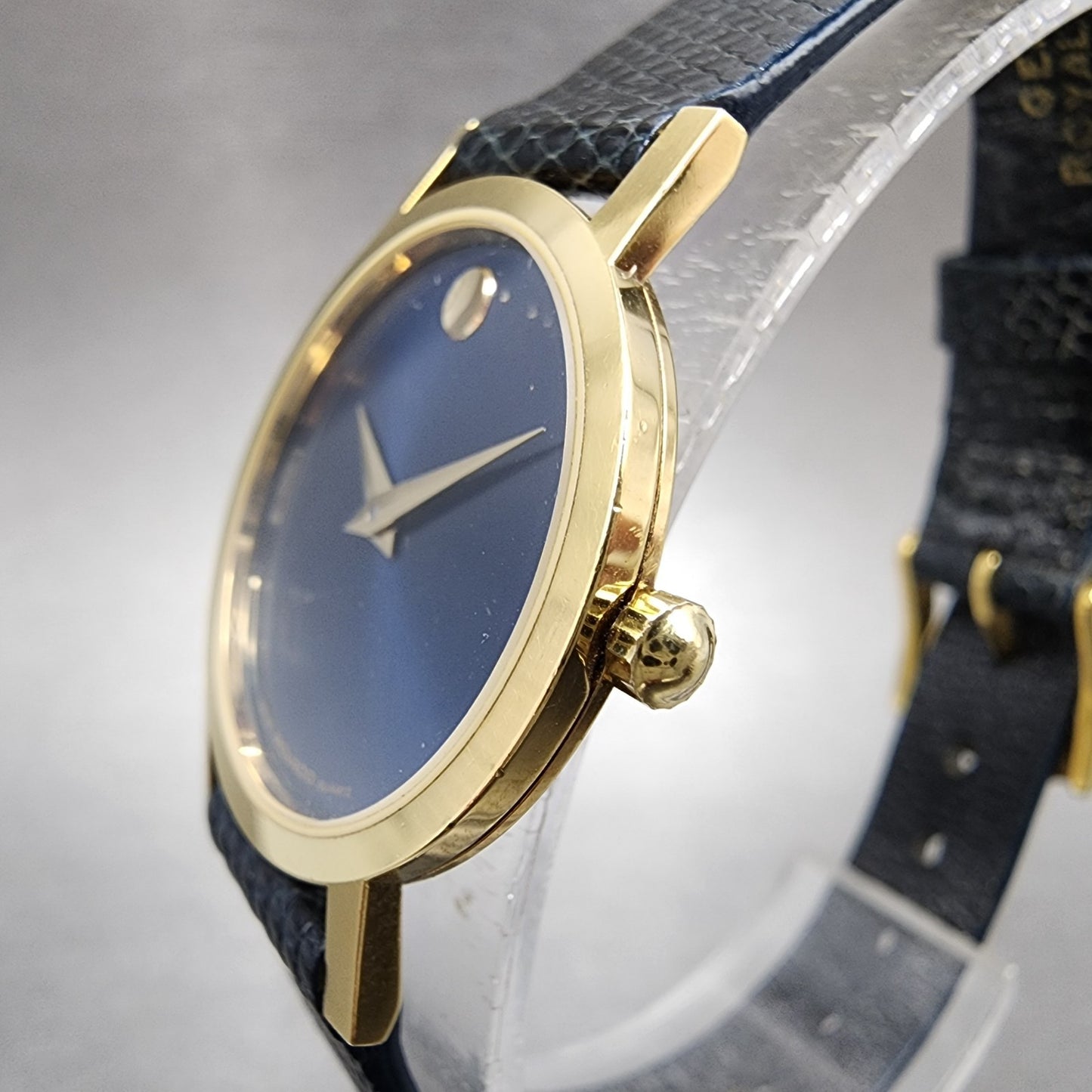 Movado Museum Watch Women 25mm Blue Dial Gold Plated Round Lizard Band New Batt