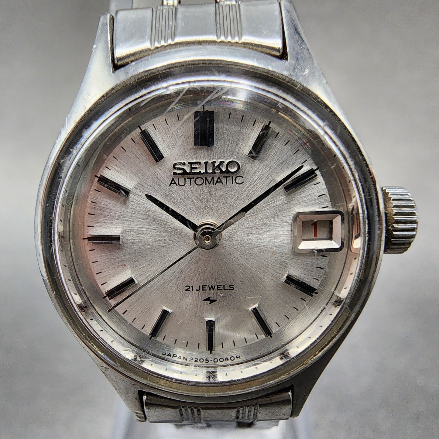 Seiko Automatic Watch Women 22mm Silver Dial Silver Tone Date 2205-0040 Runs
