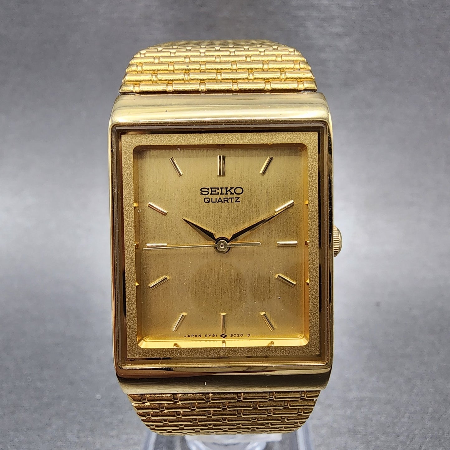 Seiko Tank Watch Men 23mm Champagne Dial Gold Tone 5y91-5049 New Battery