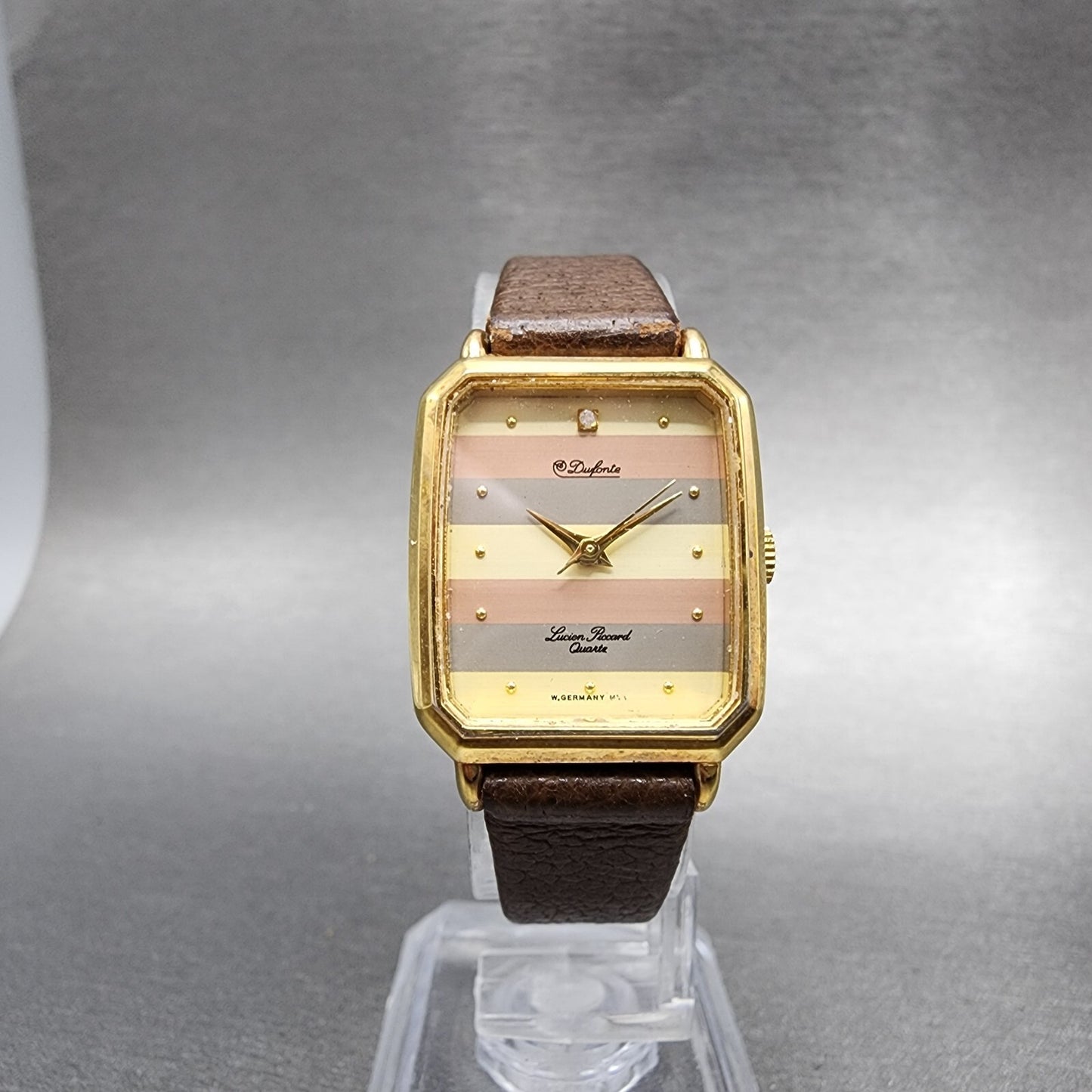 Lucien Piccard Dufonte Tank Watch Women 21mm Gold Dial Gold Tone Rectangle Runs
