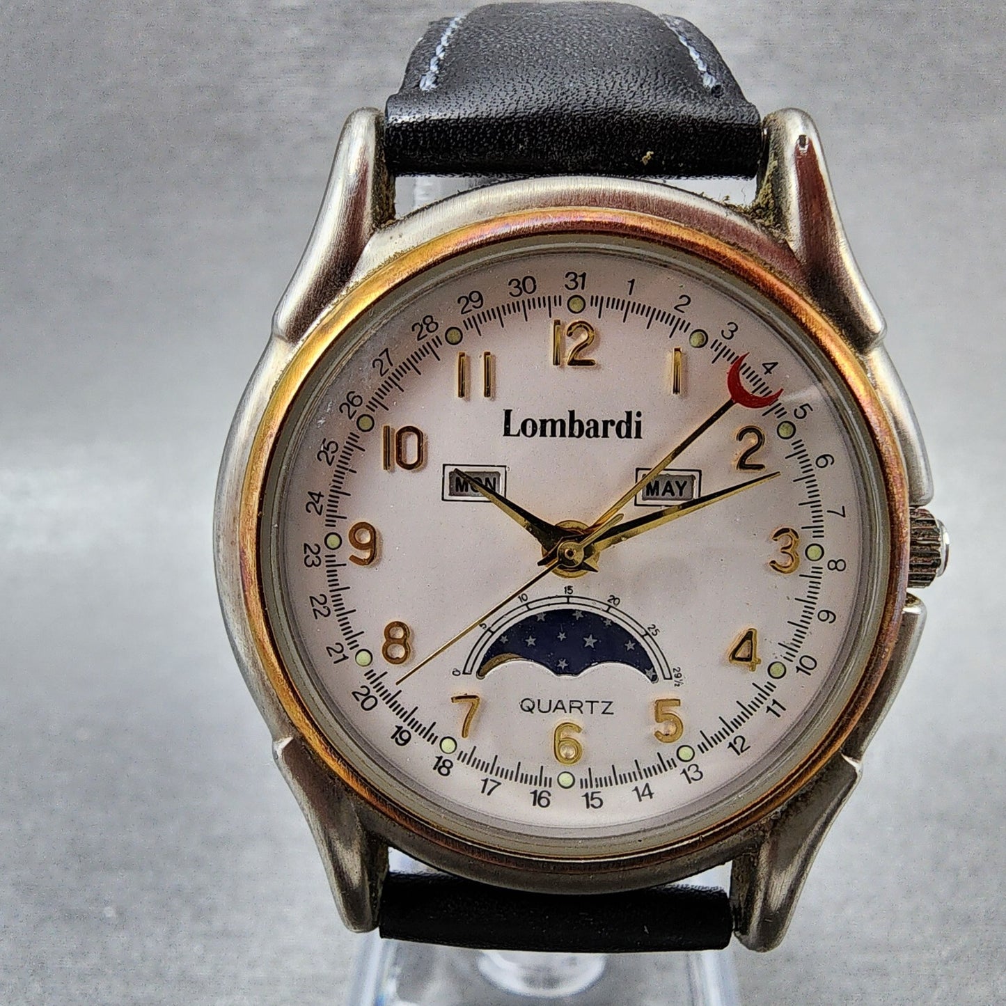 Lombardi Triple Calendar Moonphase Watch Men 35mm White Dial Two Tone New Batt