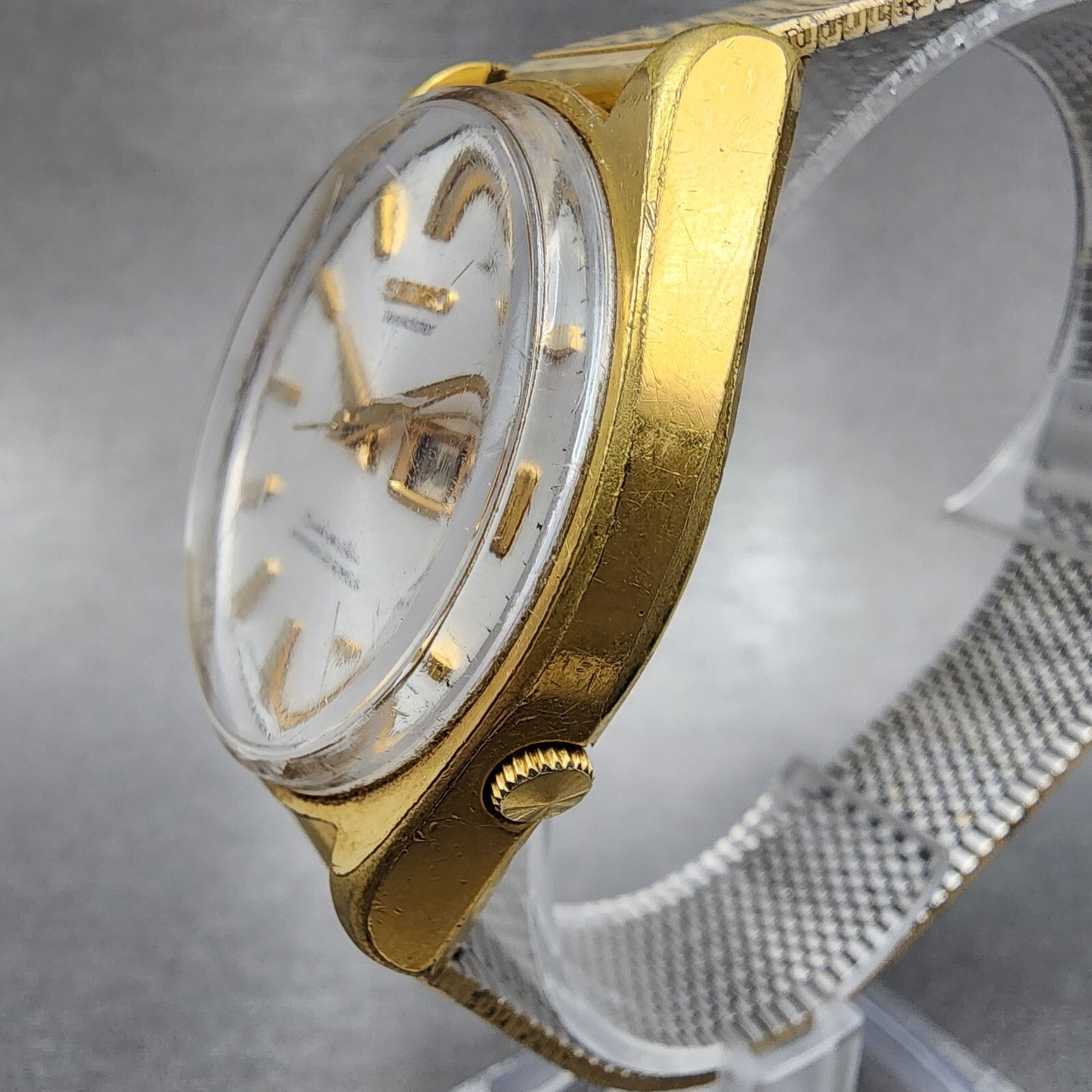 Seiko Seikomatic Watch Men 37mm Silver Dial Gold Tone Daydate 6218-8950 Runs