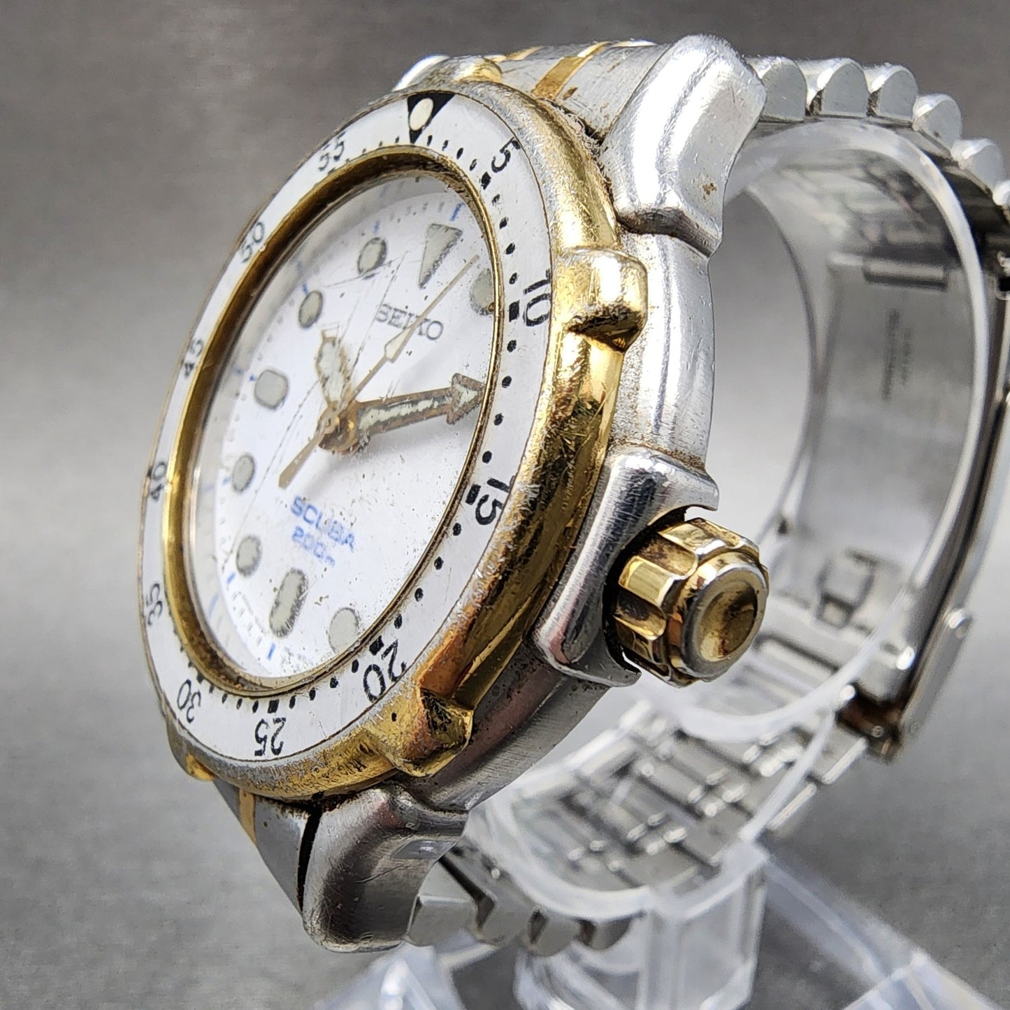 Seiko Scuba Watch Men 38mm White Dial Two Tone Date 5h25-6020 New Battery