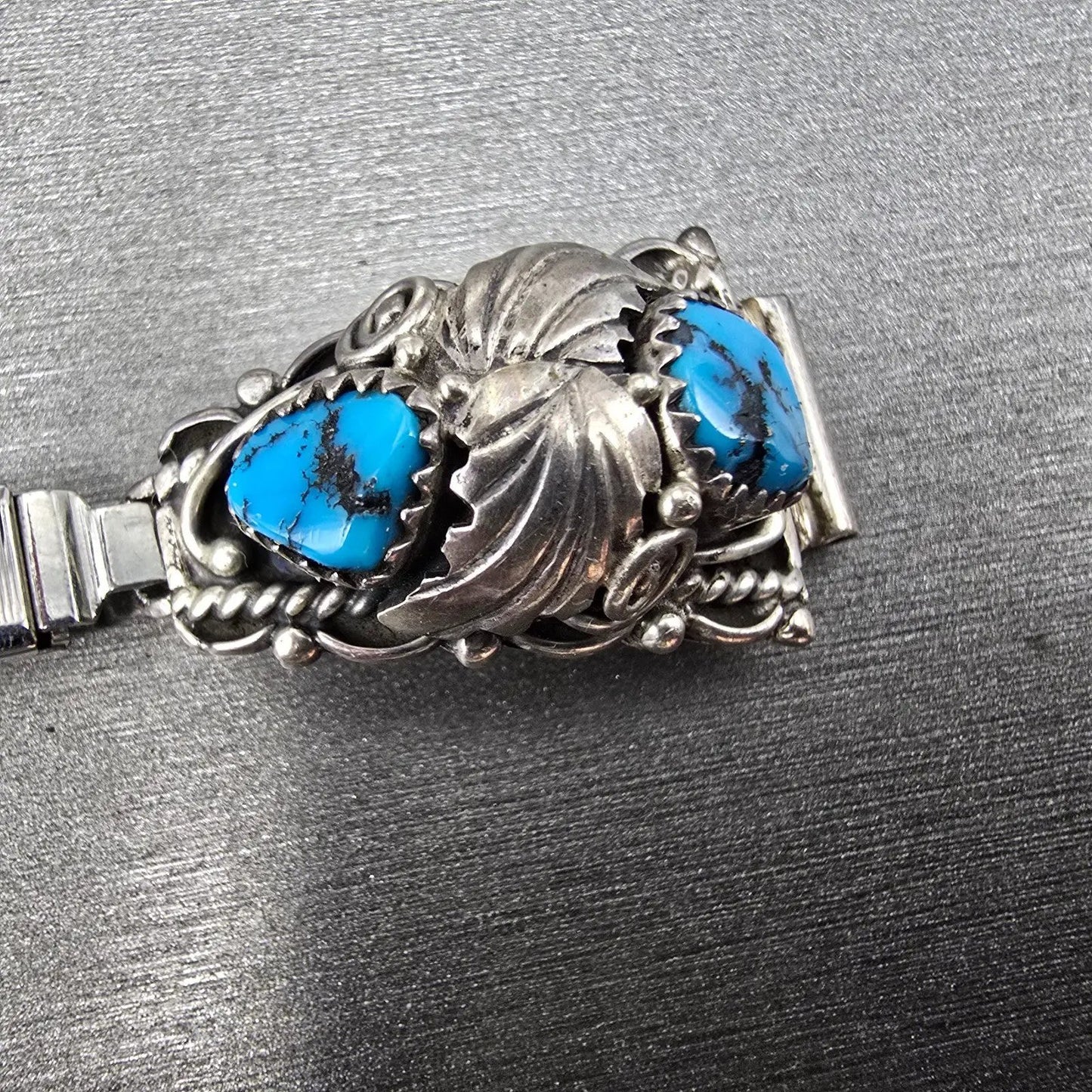Navajo S.Y. Silver Watch Band Tips 11mm Turquoise Leaves Design Vintage11