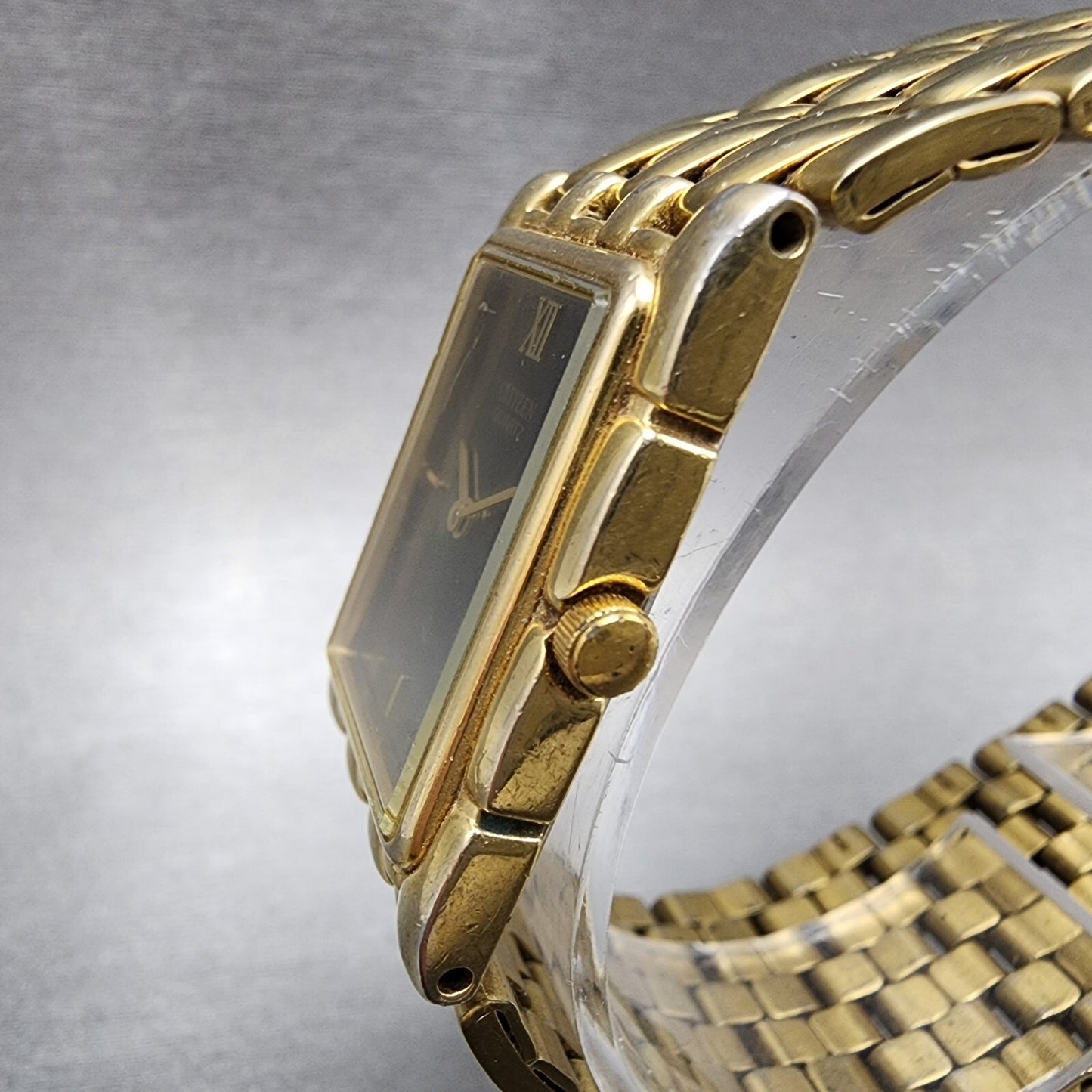 Citizen CQ Tank Watch Men 23mm Black Dial Gold Tone Rectangle New Battery