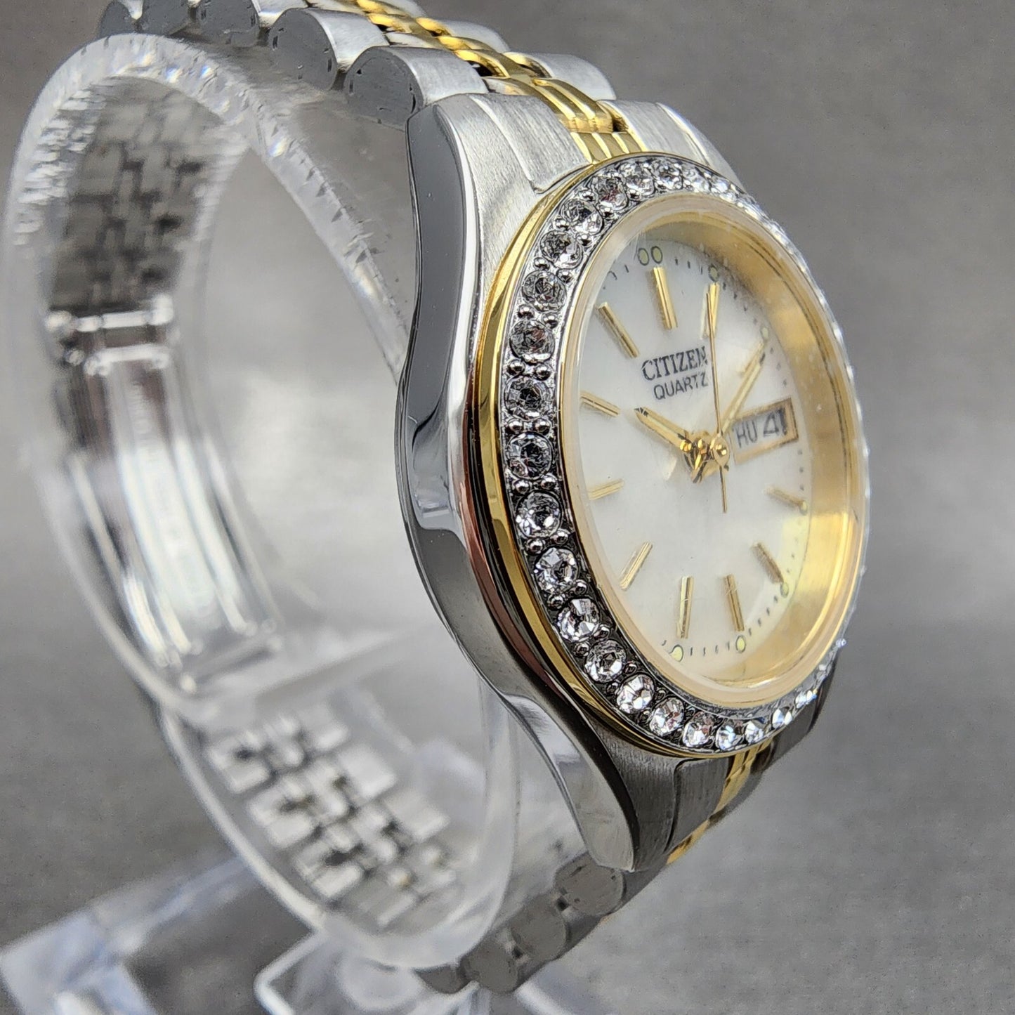 Citizen Watch Women 26mm MOP Dial Crystal Bezel Two Tone Daydate EQ0534-50D