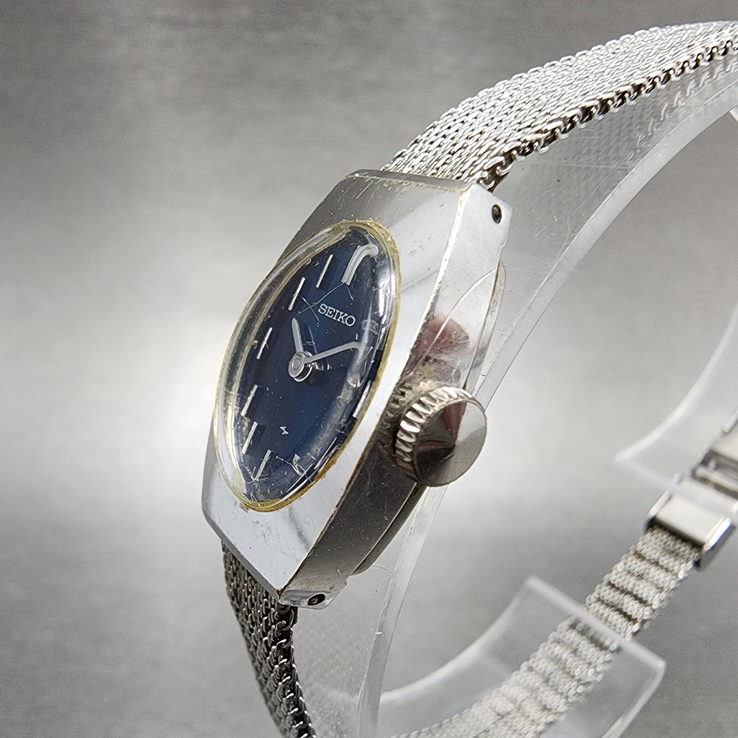 VTG Seiko Watch Women 15mm Blue Dial Silver Tone Manual Wind Rectangle 11 Runs