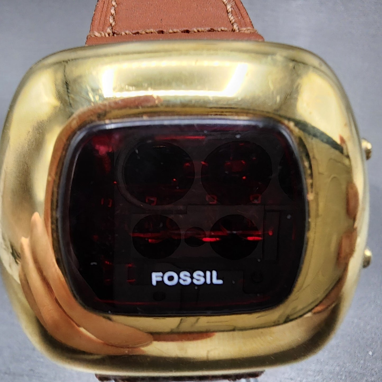 Fossil Red LED Watch Men 43mm Black Dal Gold Tone Cushion JR-7776 New Battery