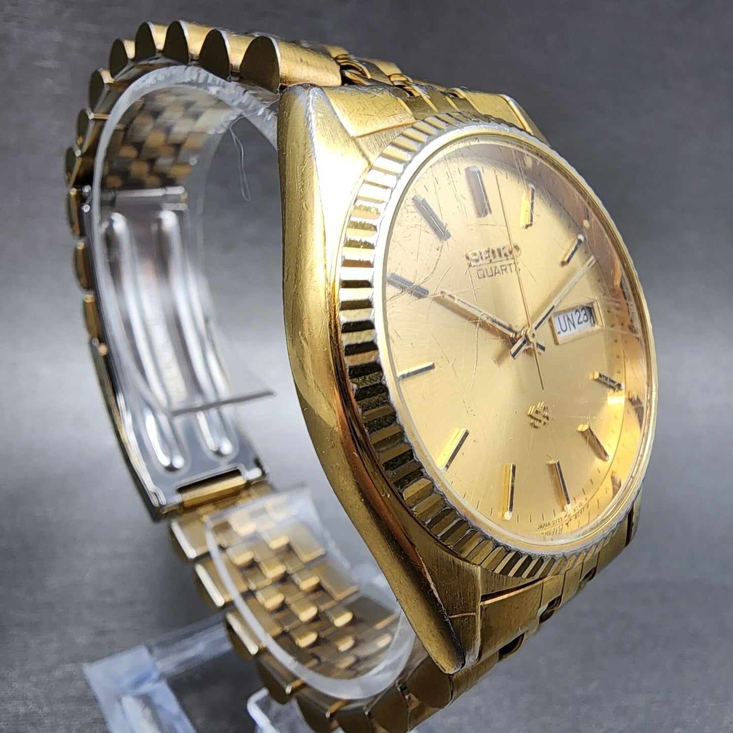 Seiko SQ President Watch Men 36mm Gold Dial Gold Tone Daydate Round 5Y23-8A69 A1