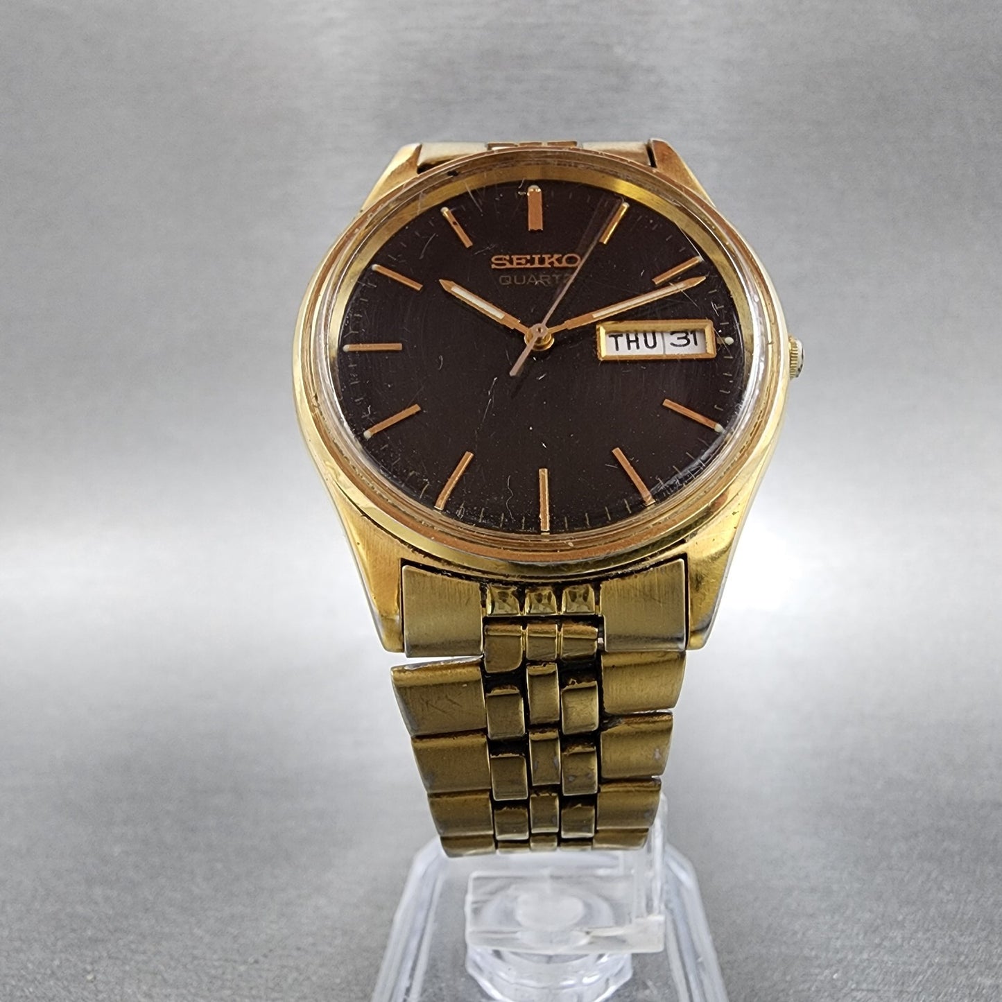 Seiko Watch Men 35mm Black Dial Gold Tone Daydate 7n43-8a39 New Battery READ