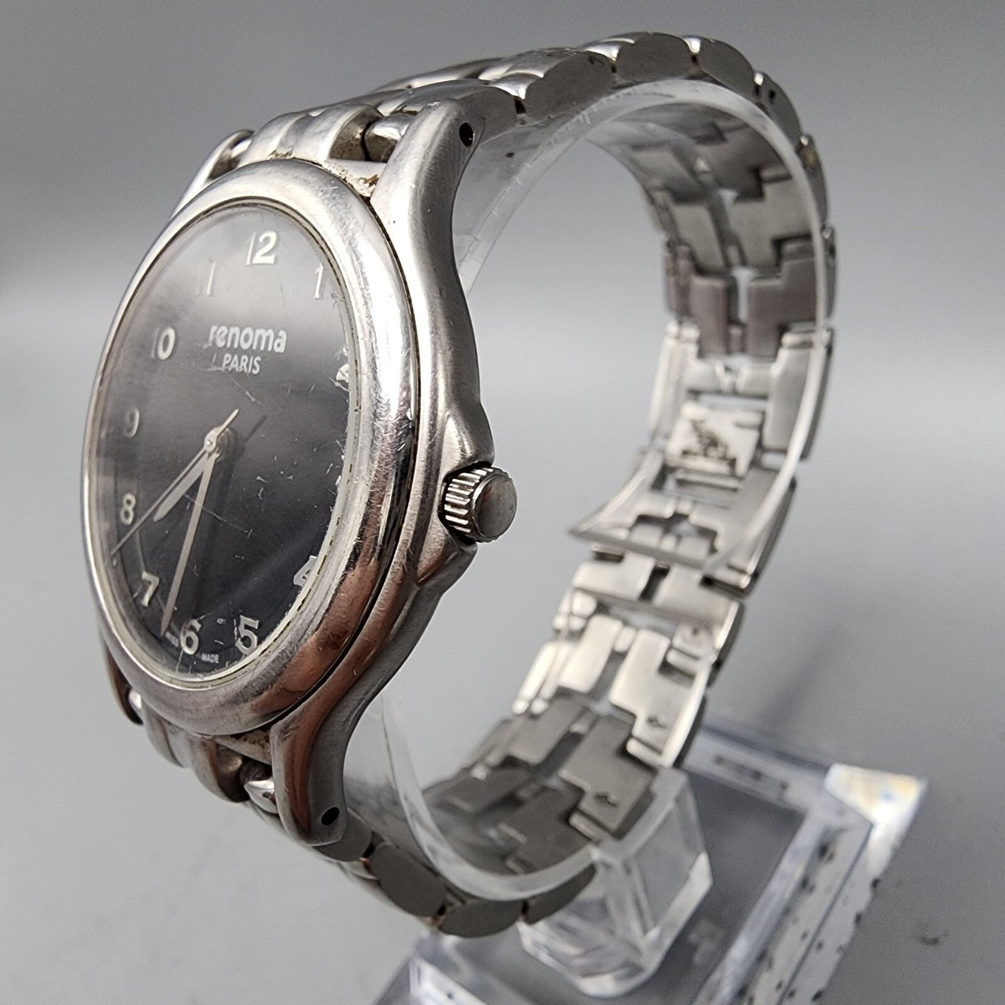 Vintage Renoma Watch Men Silver Tone Black Dial 35mm Round New Battery