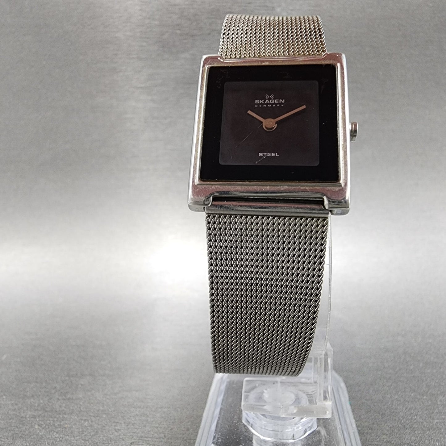 Skagen Tank Watch Women 23mm Black Dial Stainless Steel Rectangle New Battery