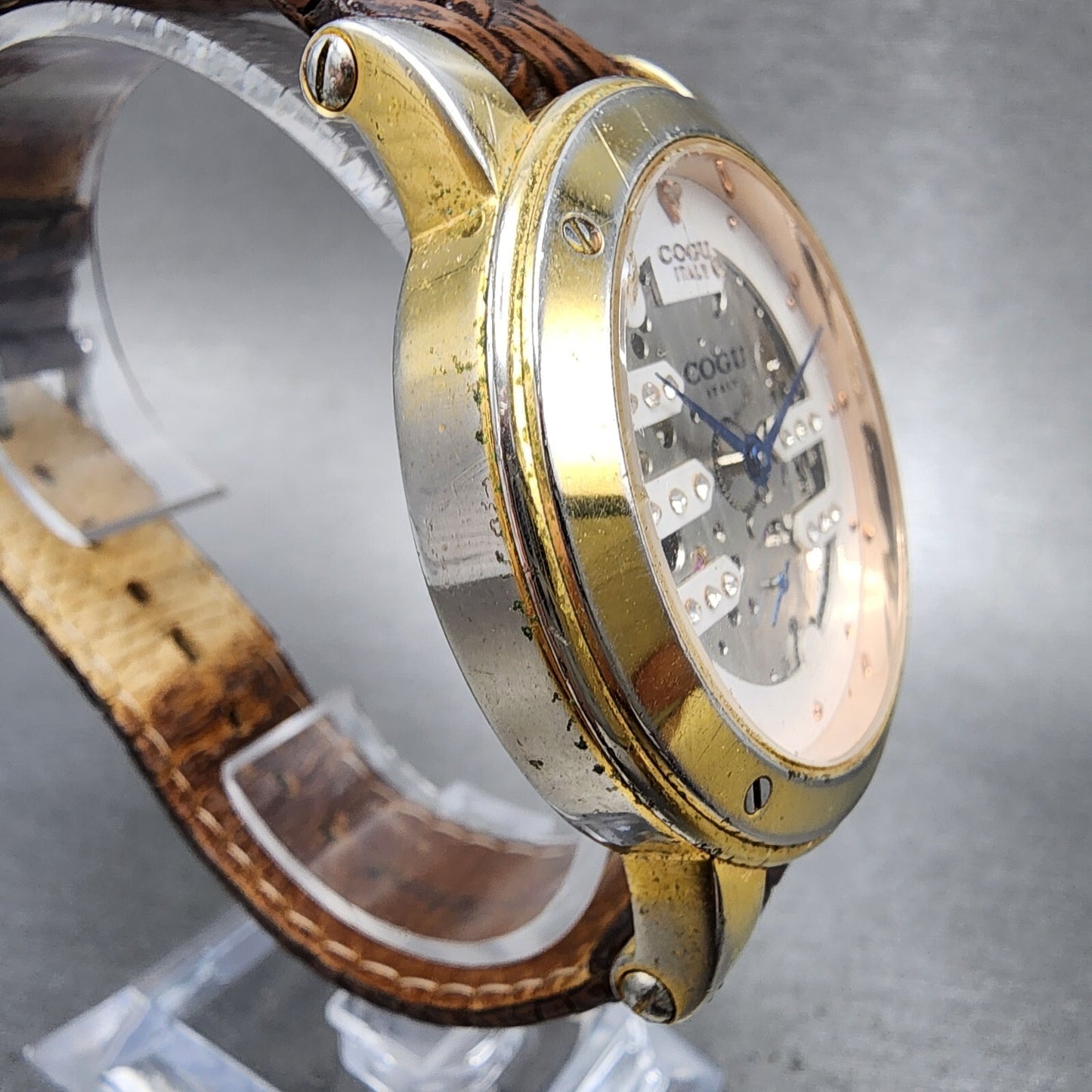 COGU Skeleton Watch Men 42mm Skeleton Dial Gold Tone Automatic Leather Band Runs