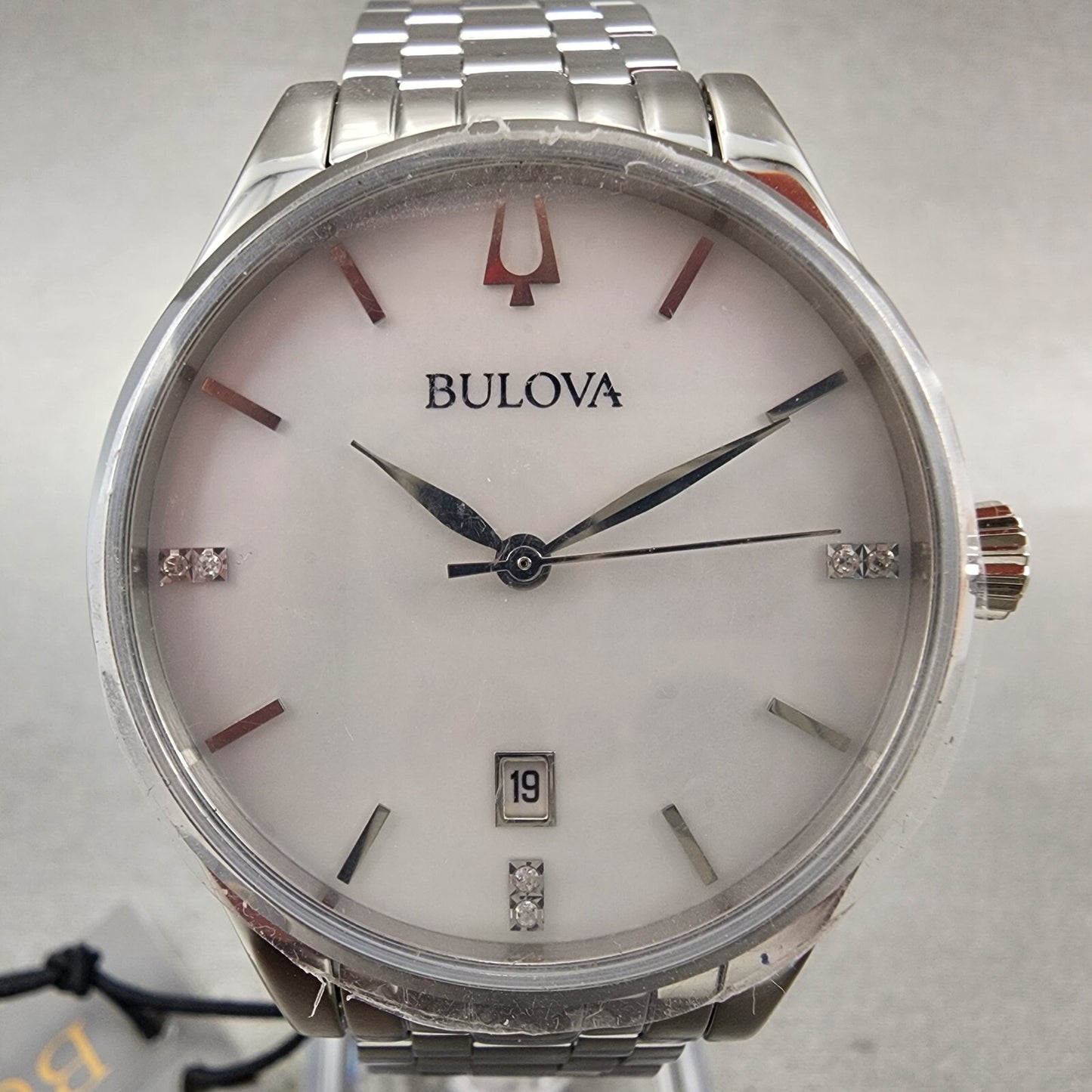 Bulova Sutton Watch Women 36mm Mop Dial Steel Diamonds Date Round 96P220