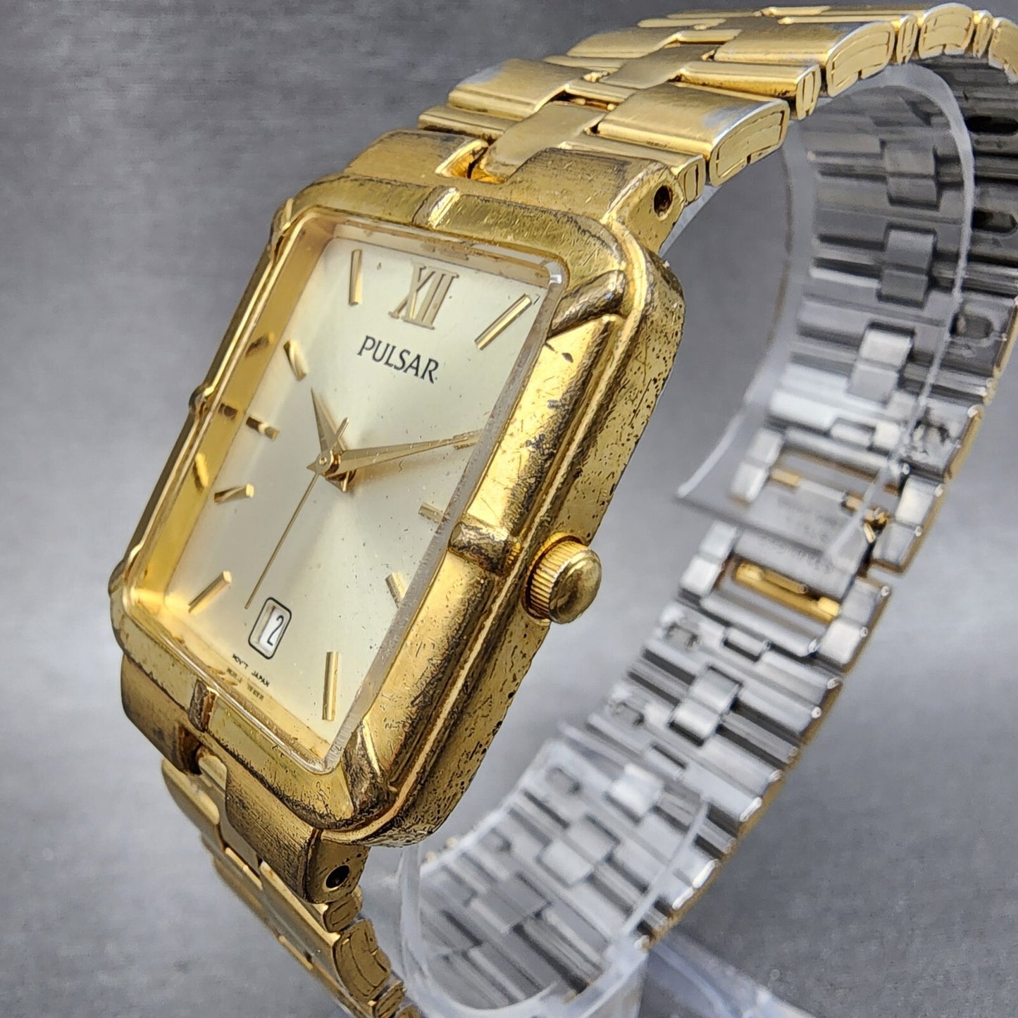 Pulsar Tank Watch Men 26mm Champagne Dial Gold Tone Date Rectangle New Battery