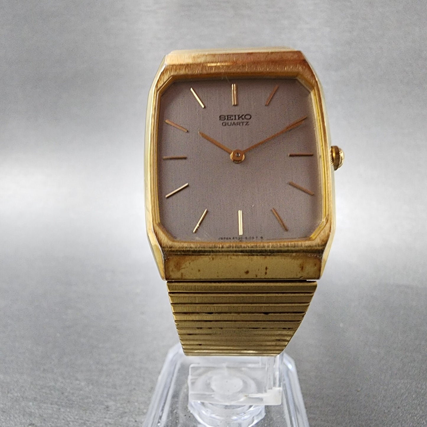 Seiko Tank Watch Men 26mm Gray Dial Gold Tone Rectangle 6530-5080 New Battery