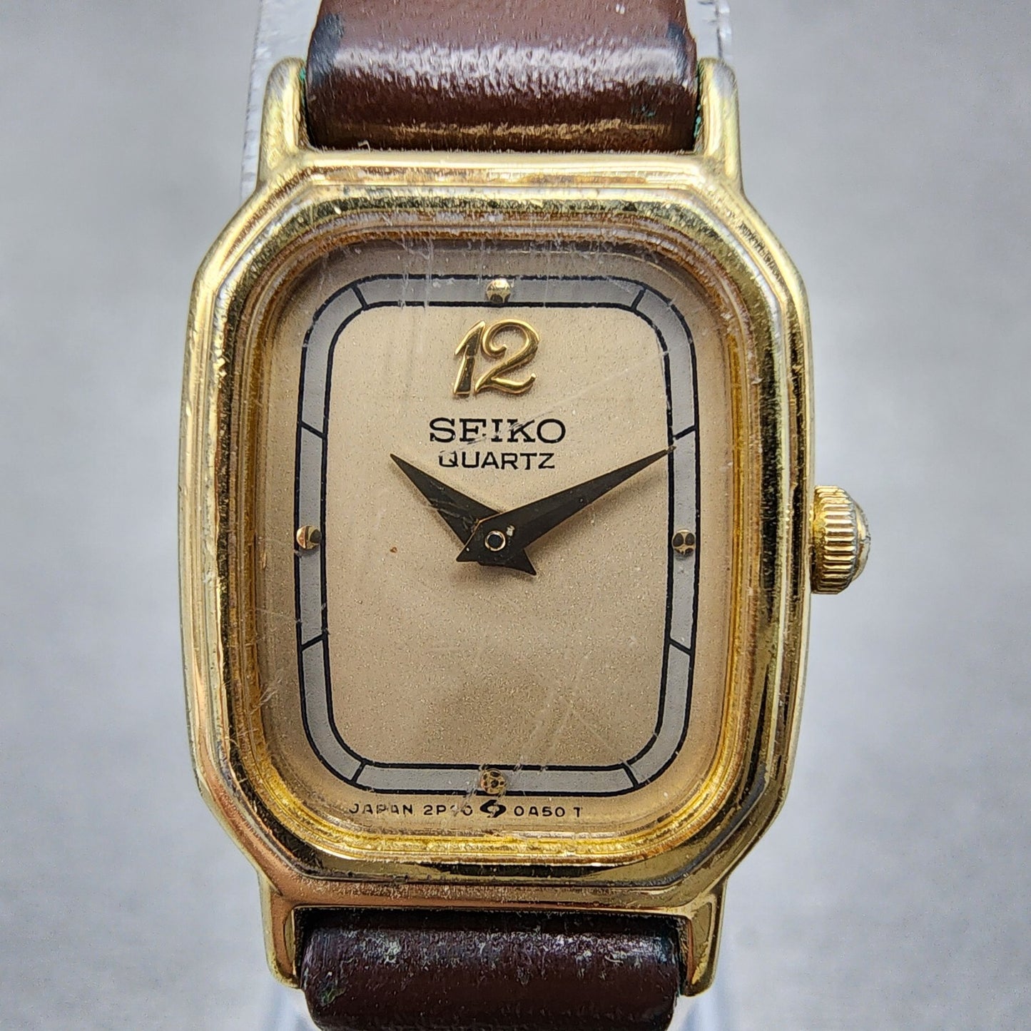 Seiko Tank Watch Women 17mm Brown Dial Gold Tone 2p20-5a09 New Battery