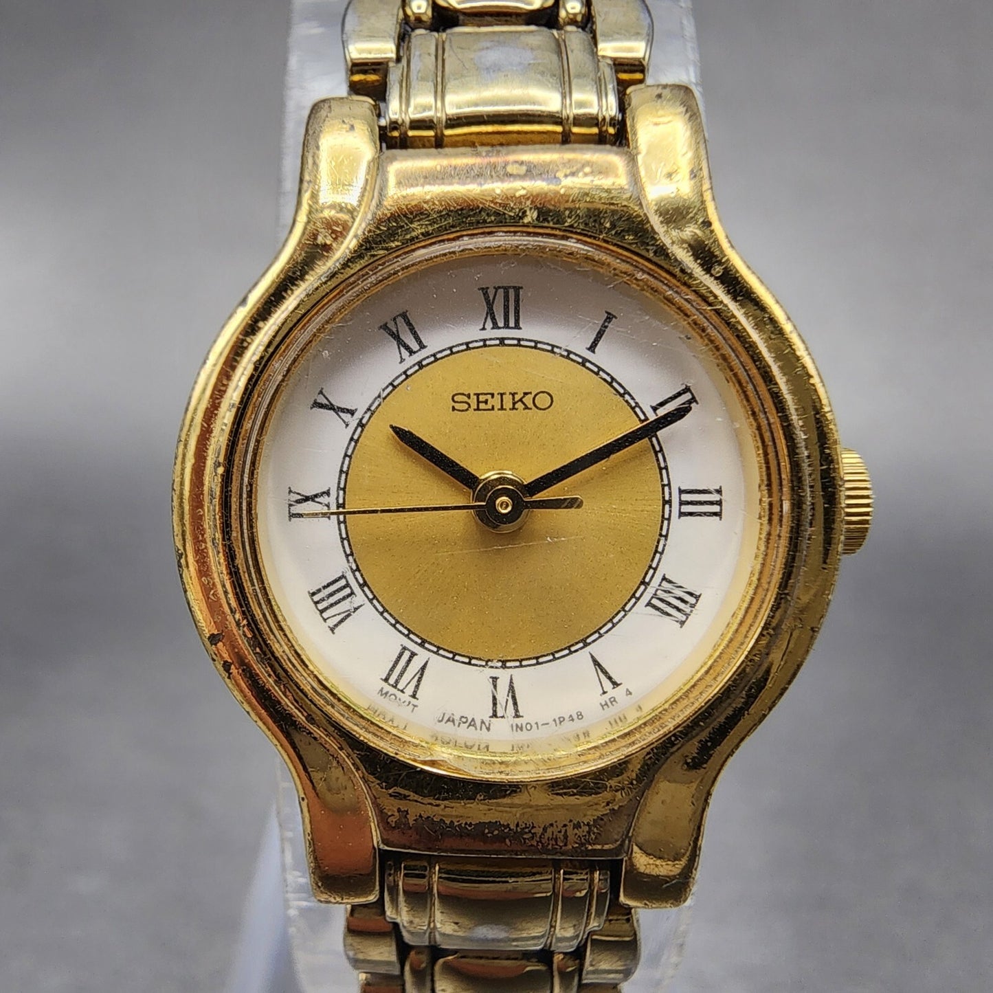 Seiko Watch Women 20mm White & Gold Dial Gold Tone Round 1N01 New Battery