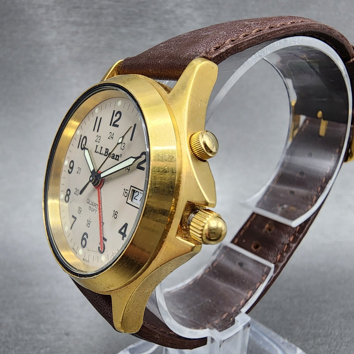 LL Bean Alarm Watch Men 34mm Gray Dial Gold Tone Date Round New Battery
