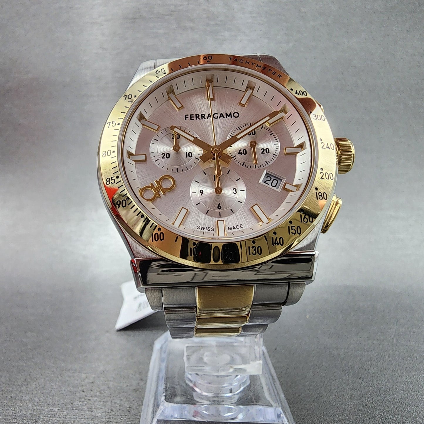 Ferragamo 1927 Chronograph Watch Men 42mm White Dial Two Tone Date Round W/Box