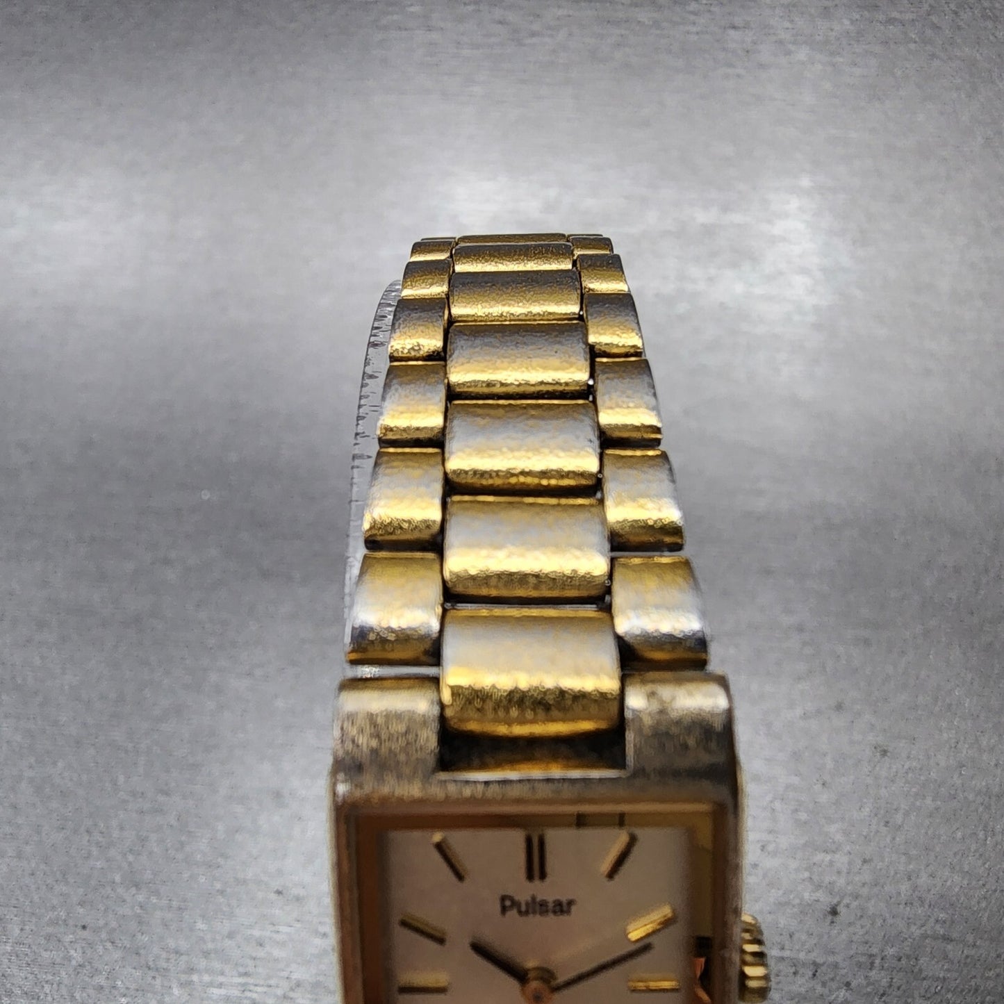 Pulsar Tank Watch Women 17mm Champagne Dial Gold Tone Rectangle New Battery