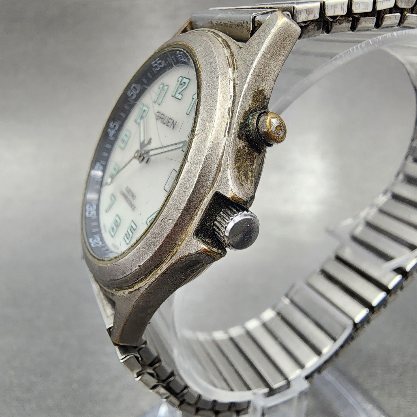 Gruen Watch Men 35mm White Dial Gray Tone Date backlight Round New Battery