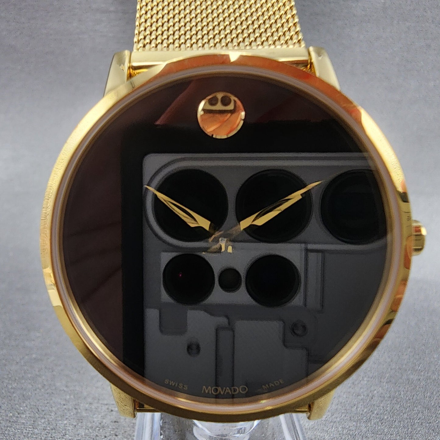 Movado Museum Watch Men 40mm Black Dial Gold Case Round Mesh Band 0607396