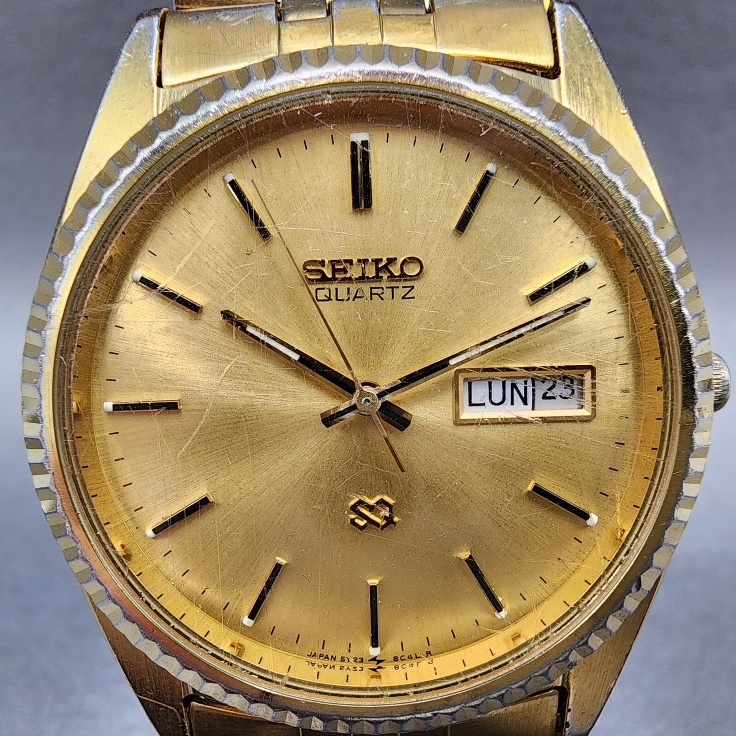 Seiko SQ President Watch Men 36mm Gold Dial Gold Tone Daydate Round 5Y23-8A69 A1