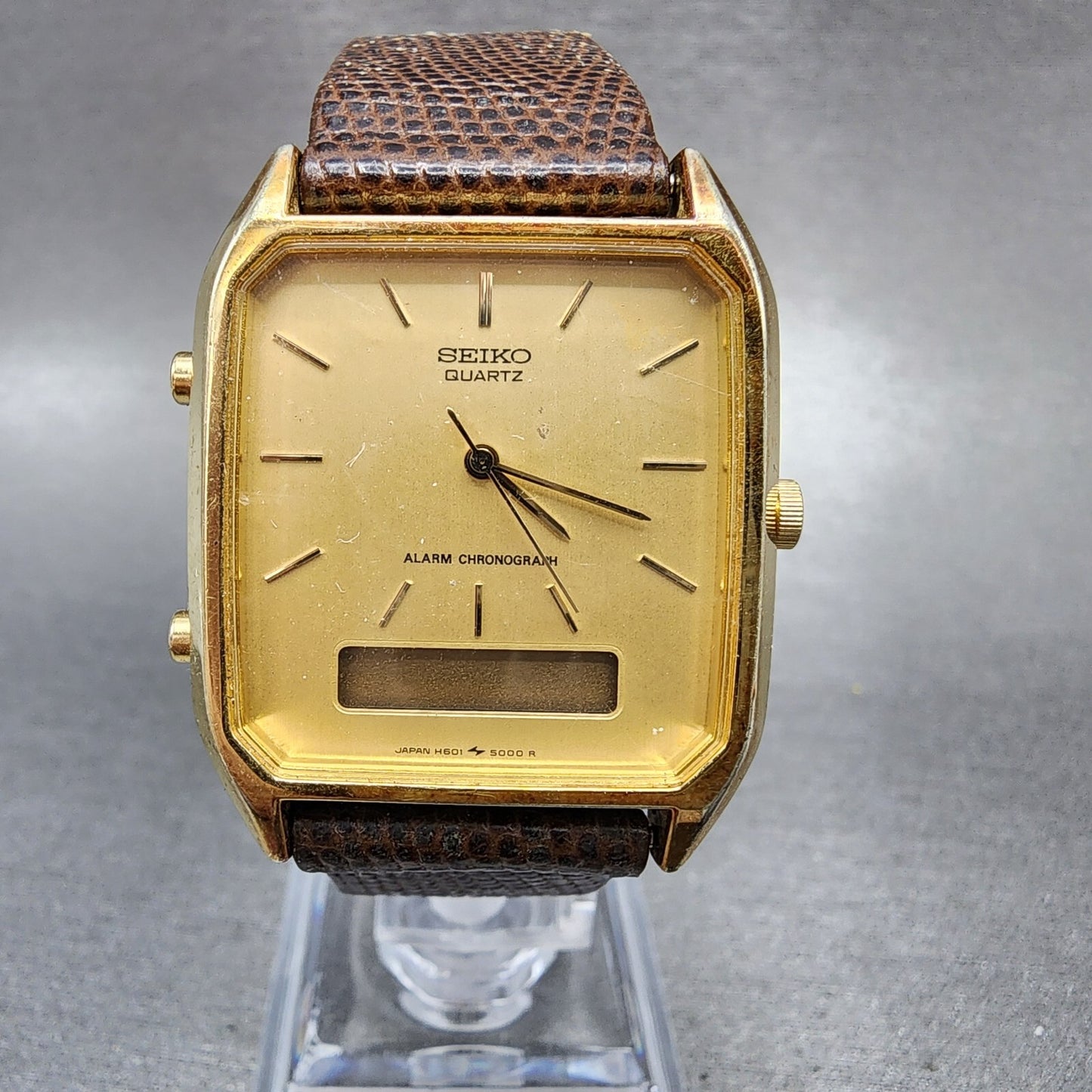 Seiko Analog Digital Watch Men 29mm Gold Dial Gold Tone Rectangle H601-5009 PART