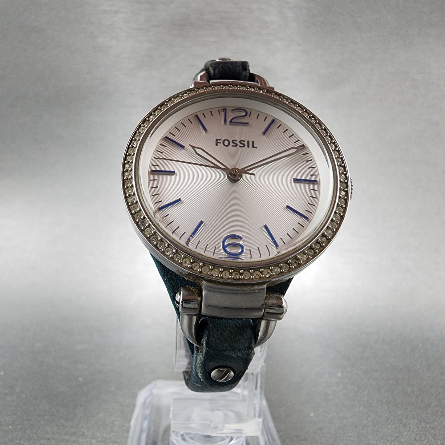 Fossil Georgia Watch Women 32mm Silver Dial Silver Tone Crystal Bezel New Batt