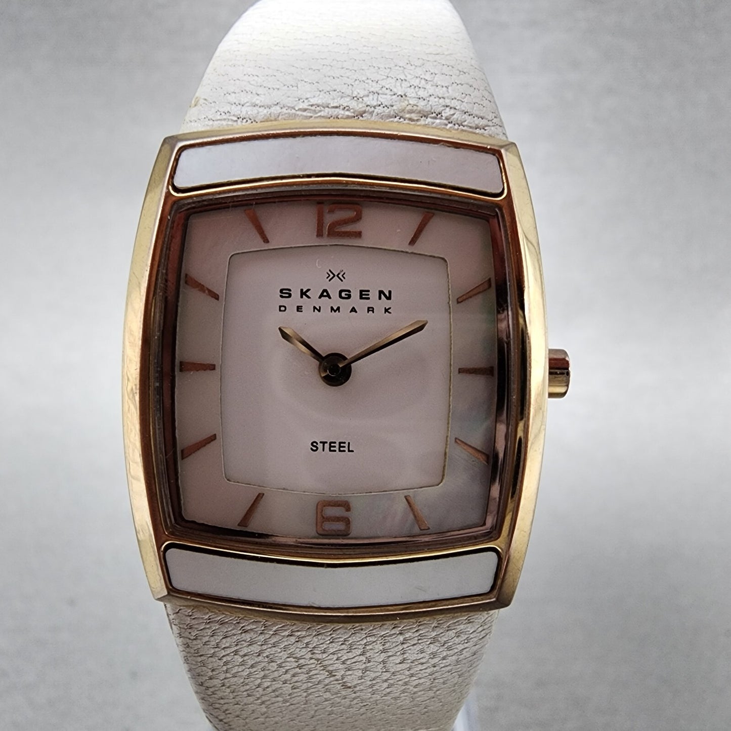 Skagen Tank Watch Women 24mm MOP White Rose Gold Tone Rectangle New Battery