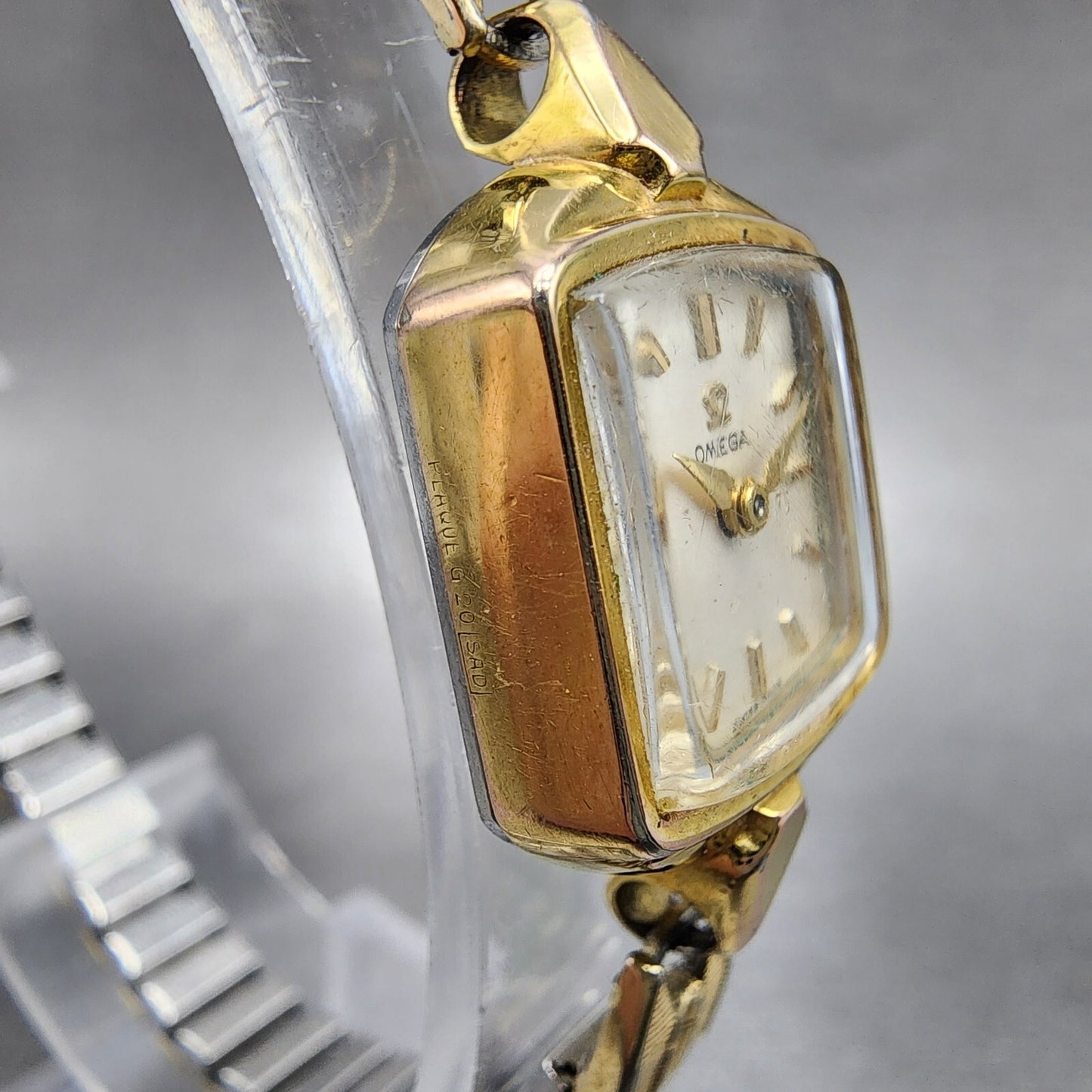 Omega Watch Women 15mm White Dial Gold Plated Rectangle Manual Wind Runs