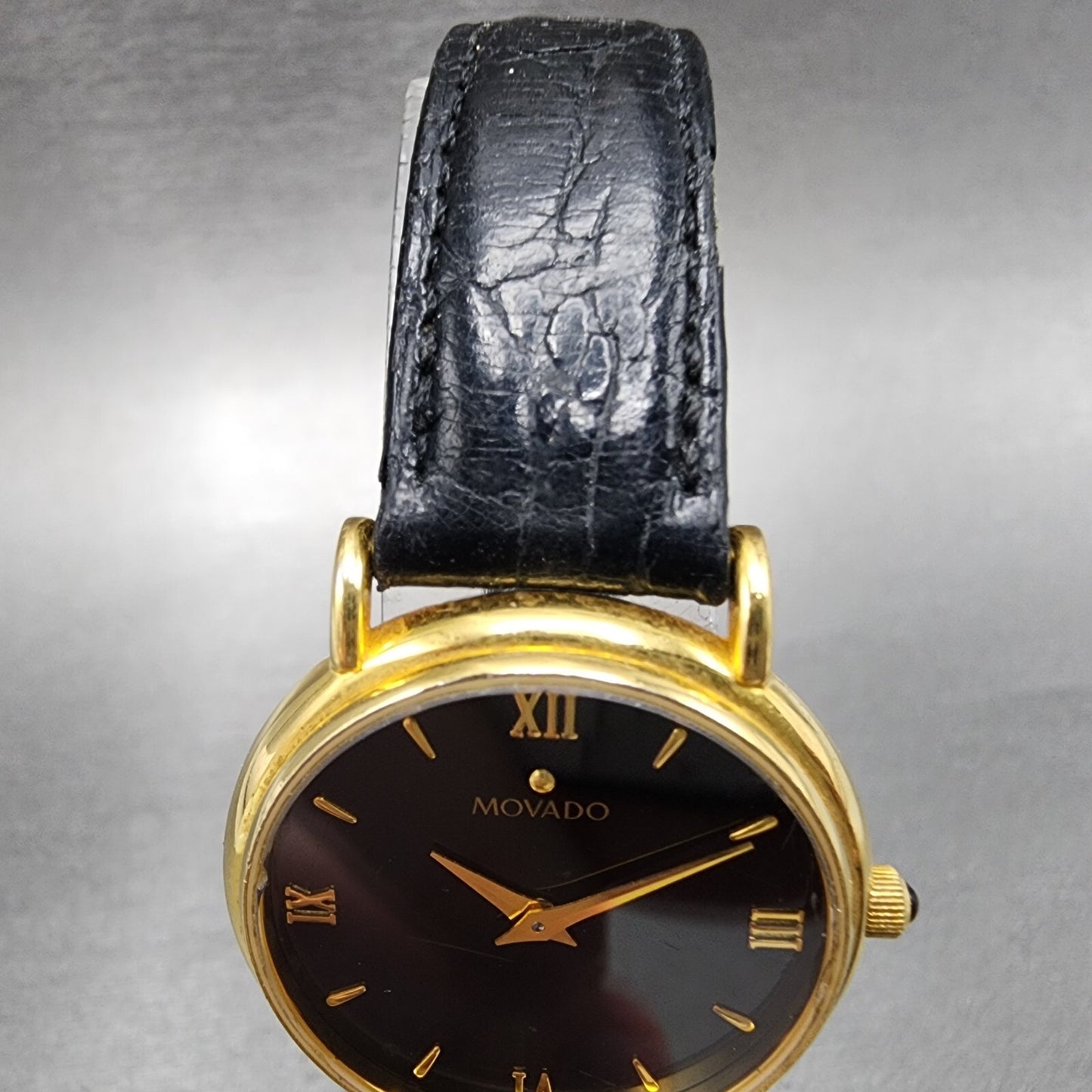 Movado Watch Women 28mm Black Dial Gold Tone Round 87.66.835 New Battery VTG