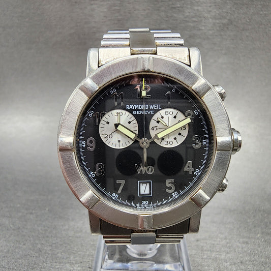 Raymond Weil W1 Chronograph Watch Men 38mm Black Dial Steel Date Round New Batt
