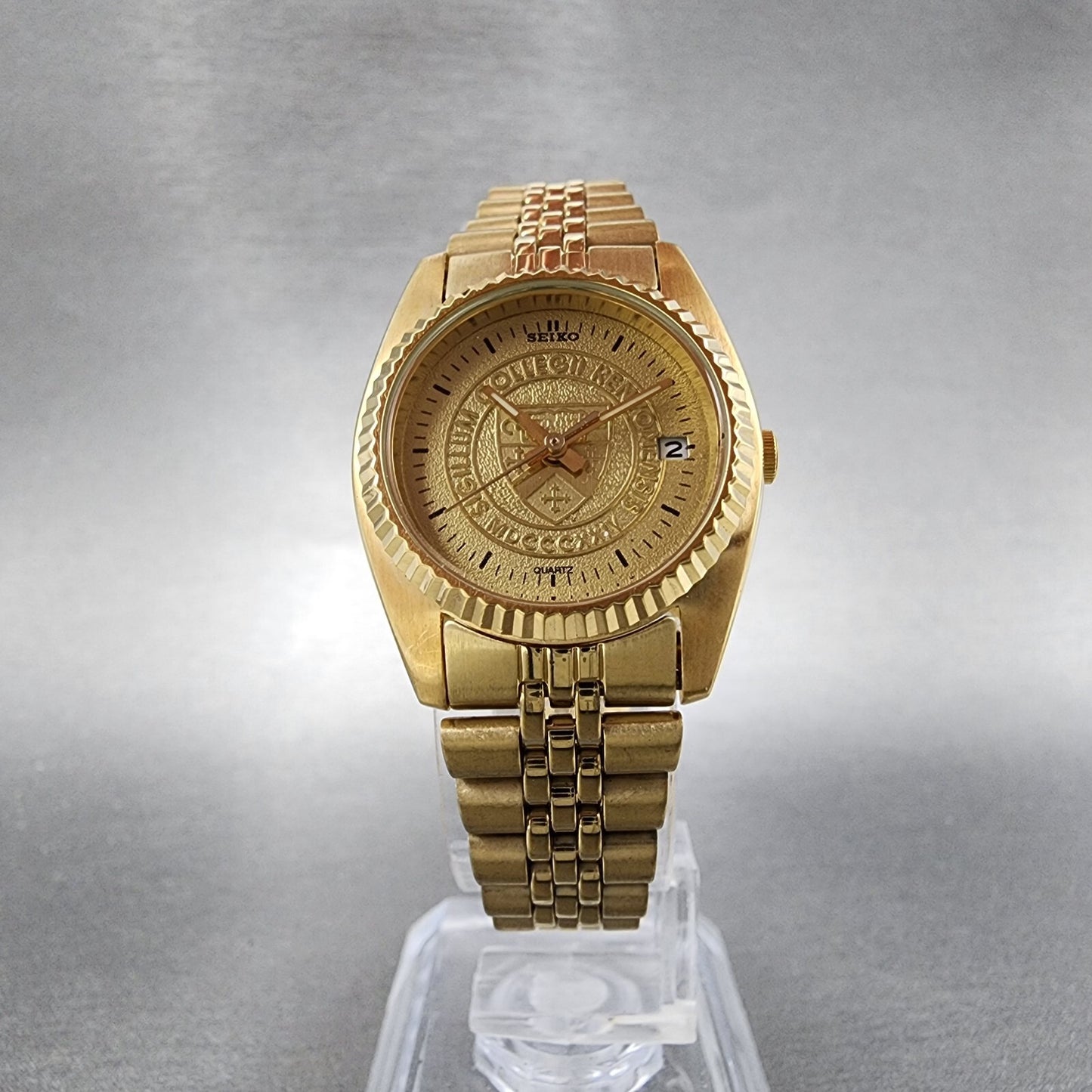 Seiko Watch Women 24mm Gold Dial Gold Tone Daydate Round 7N83-0041 Sigllum Runs
