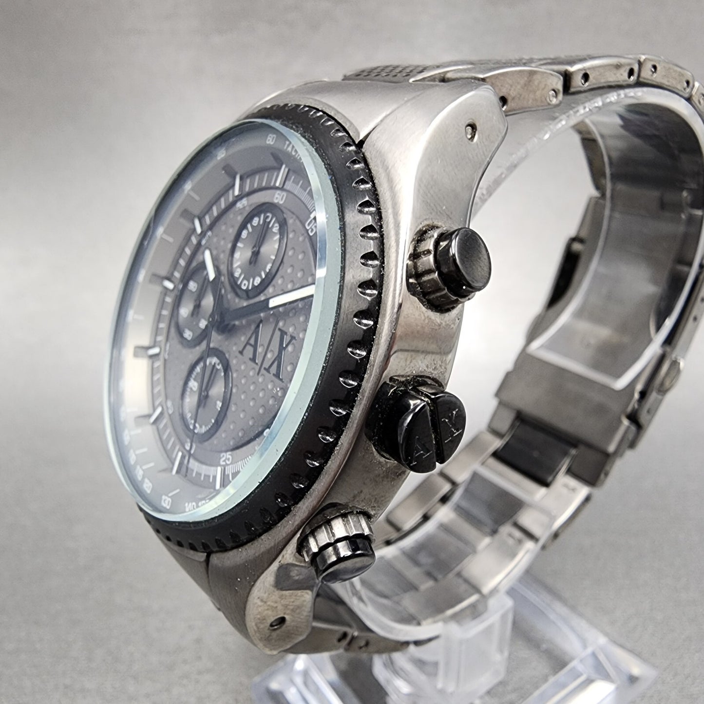 Armani Exchange Chronograph Watch Men 45mm Gray Dial Gunmetal Case Round New Bat