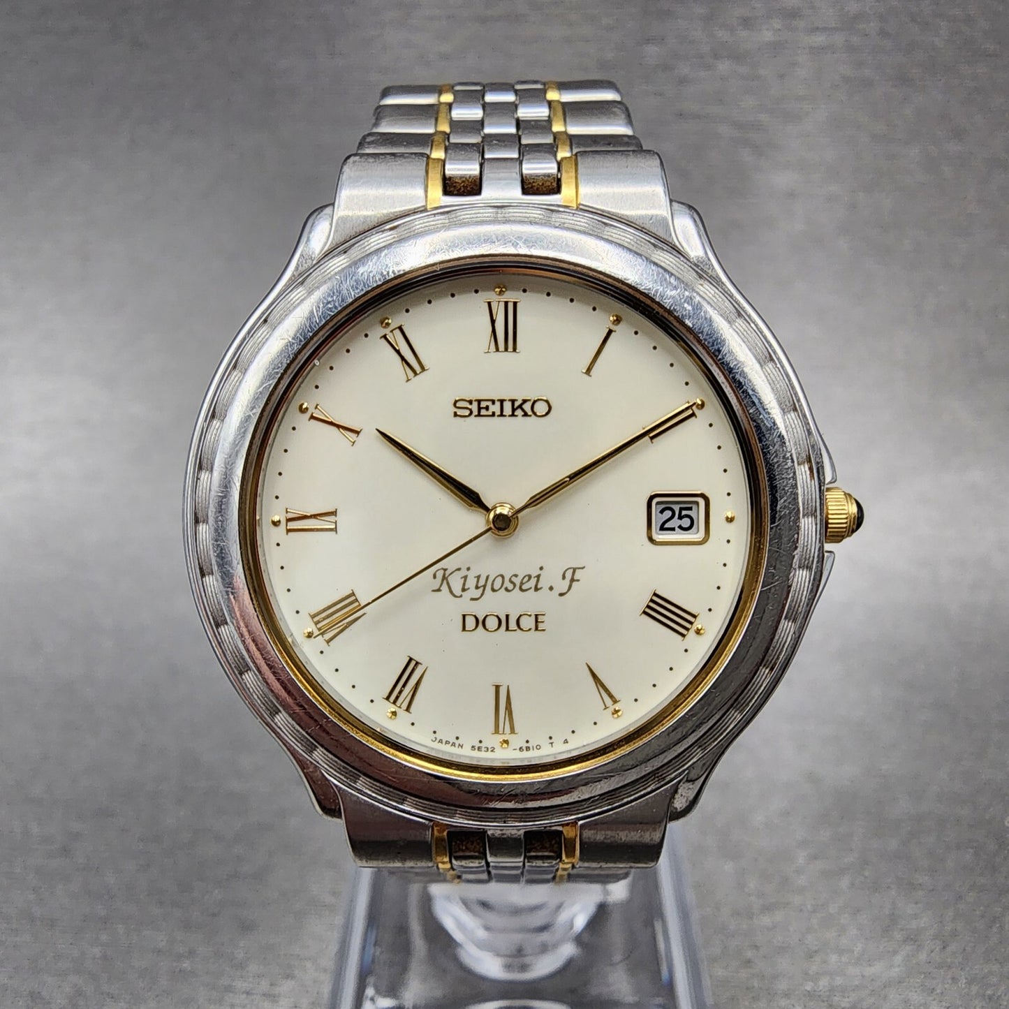 Seiko Dolce Watch Men 35mm White Dial Two Tone Round Date 5e32-6b00 New Battery