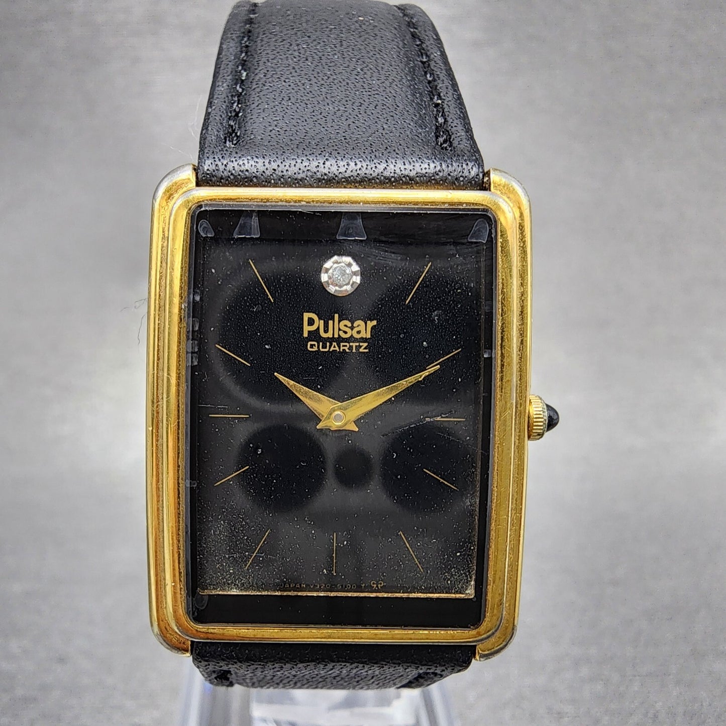 Pulsar Tank Watch Men 24mm Black Dial Gold Tone Rectangle V320-5059 New Batt