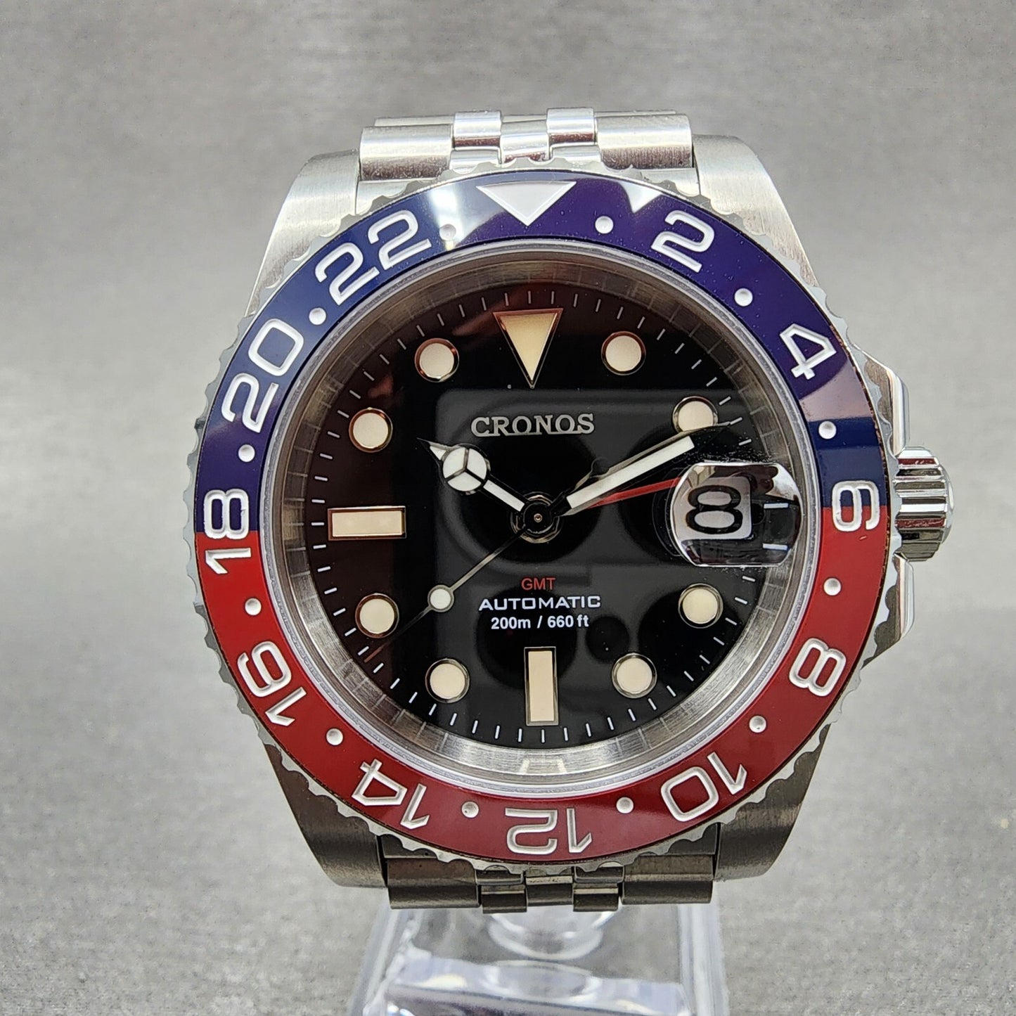 Cronos Pepsi GMT Watch Men 41mm Black Dial Steel Date Automatic Round Runs