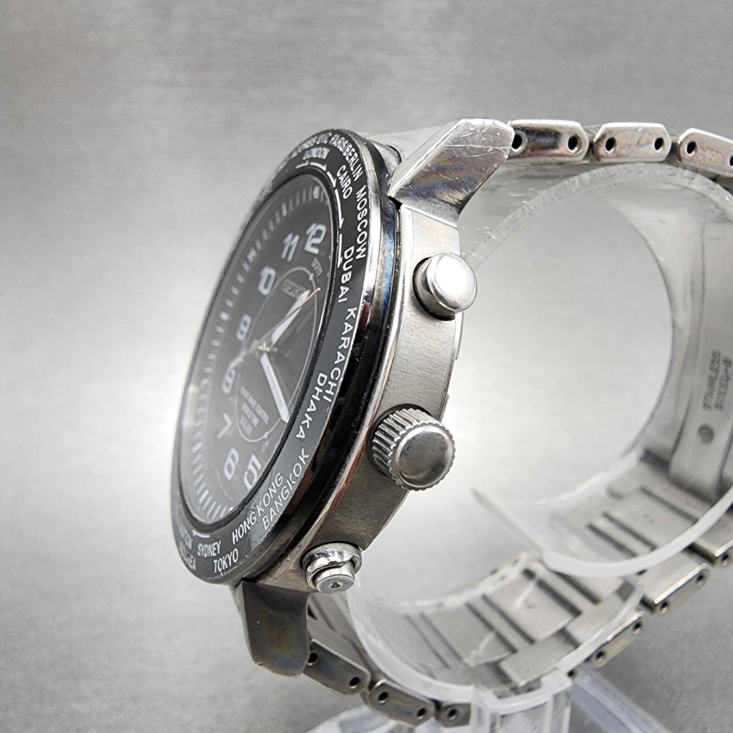Seiko World Time Solar Watch Men 39mm Black Dial Silver Tone Date 7b25-0ad0 Runs
