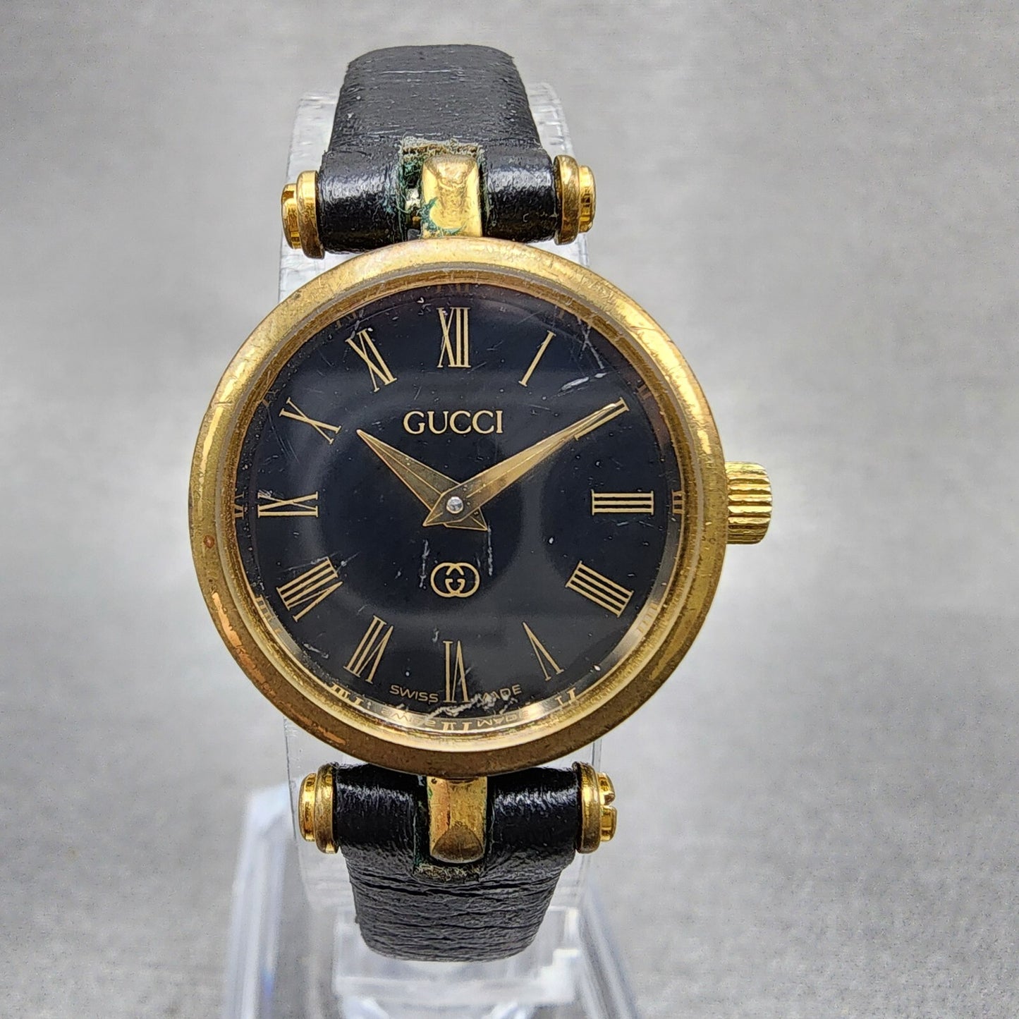 Gucci 2000L Watch Women 22mm Black Dial Gold Plated Round New Battery