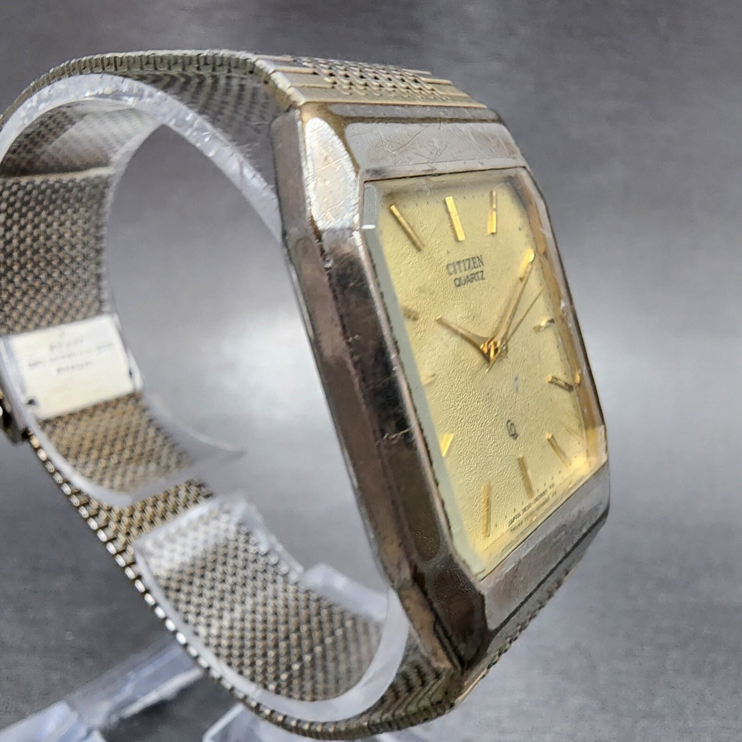 Citizen CQ Tank Watch Men 27mm Champagne Dial Silver Tone Rectangle New Battery