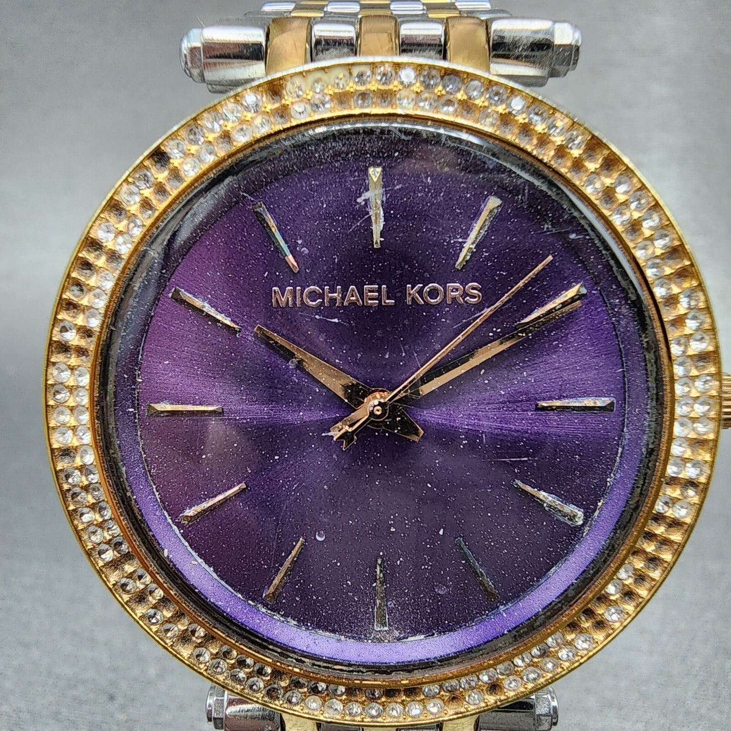 Michael Kors Darci Watch Women 39mm Purple Dial Two Tone Round MK3353 New Batt