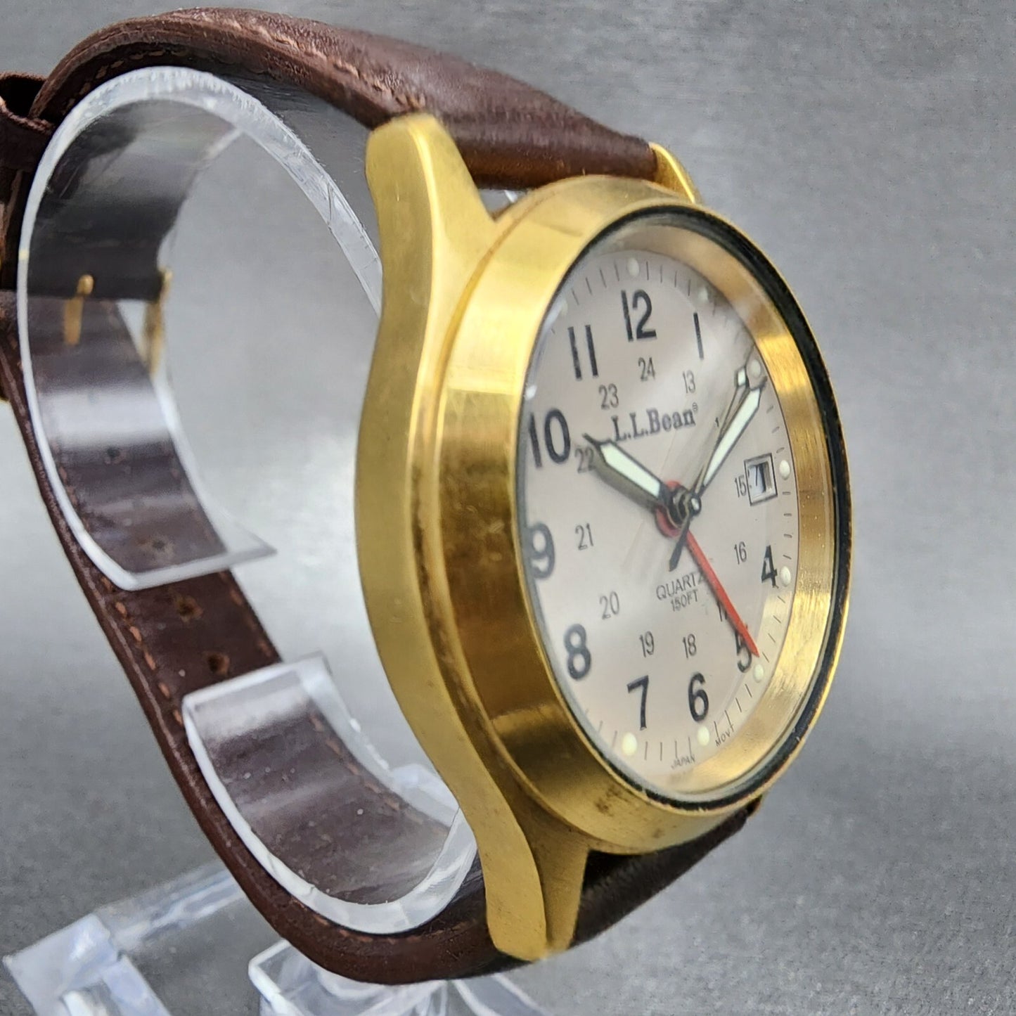 LL Bean Alarm Watch Men 34mm Gray Dial Gold Tone Date Round New Battery