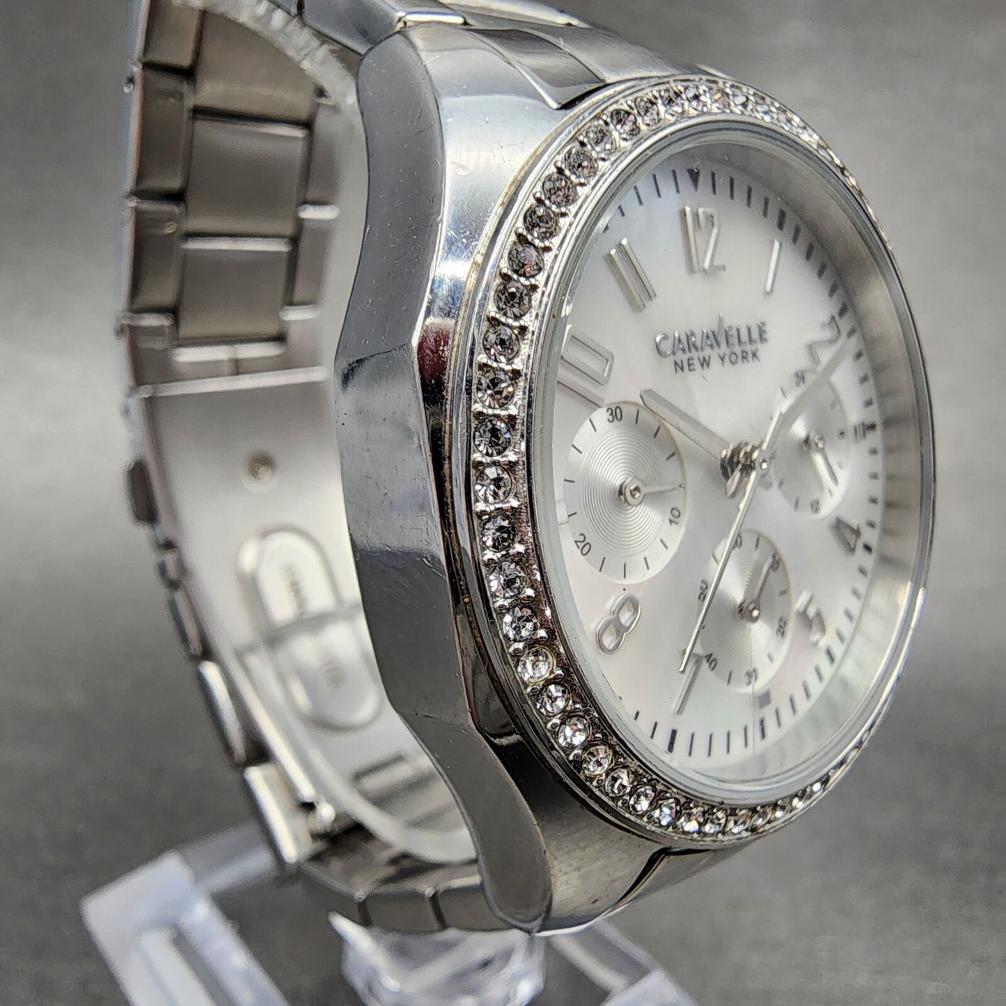 Bulova Caravelle Chronograph Watch Women 37mm MOP Dial Steel Round New Battery