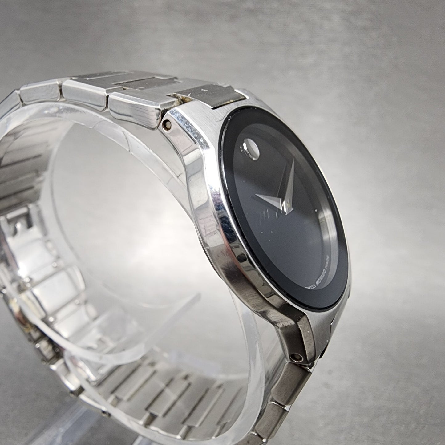Movado Safiro Watch Women 26mm Black Dial Steel Round 0605806 New Battery